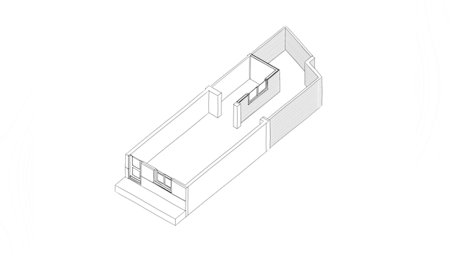 Axonometrie bestaande situatie Hofjeswoning Mallemolen in Den Haag door Bláha architecture+design