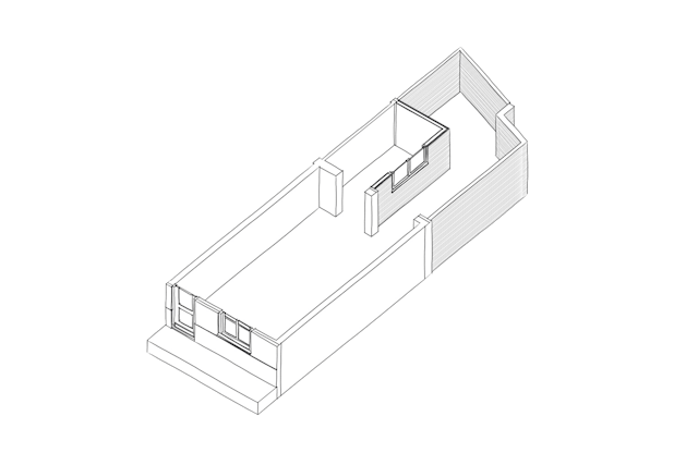 Axonometrie bestaande situatie Hofjeswoning Mallemolen in Den Haag door Bláha architecture+design