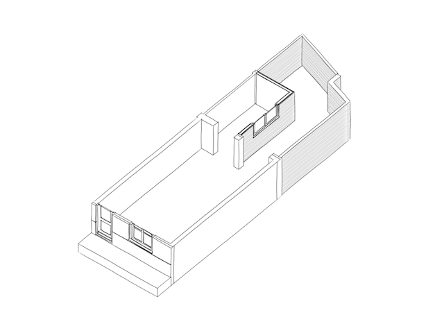 Axonometrie bestaande situatie Hofjeswoning Mallemolen in Den Haag door Bláha architecture+design