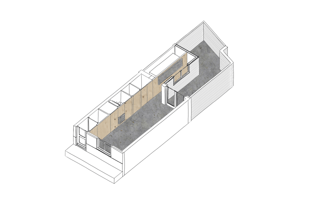 Axonometrie nieuwe situatie Hofjeswoning Mallemolen in Den Haag door Bláha architecture+design