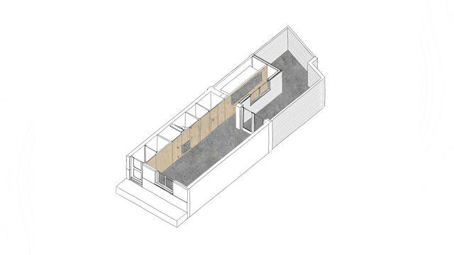 Axonometrie nieuwe situatie Hofjeswoning Mallemolen in Den Haag door Bláha architecture+design