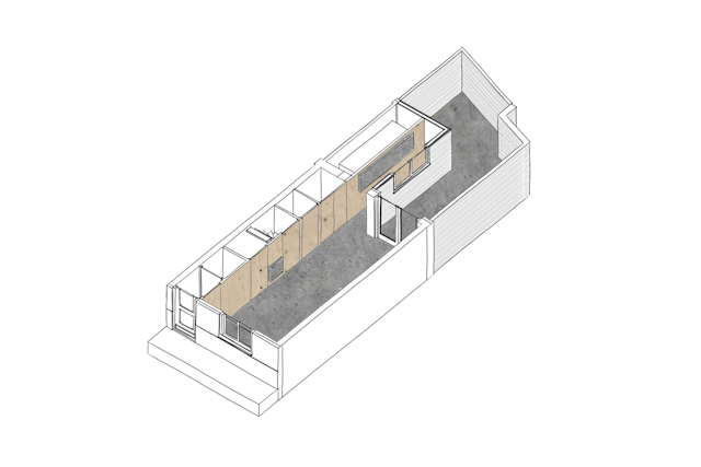 Axonometrie nieuwe situatie Hofjeswoning Mallemolen in Den Haag door Bláha architecture+design