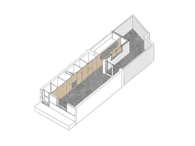 Axonometrie nieuwe situatie Hofjeswoning Mallemolen in Den Haag door Bláha architecture+design