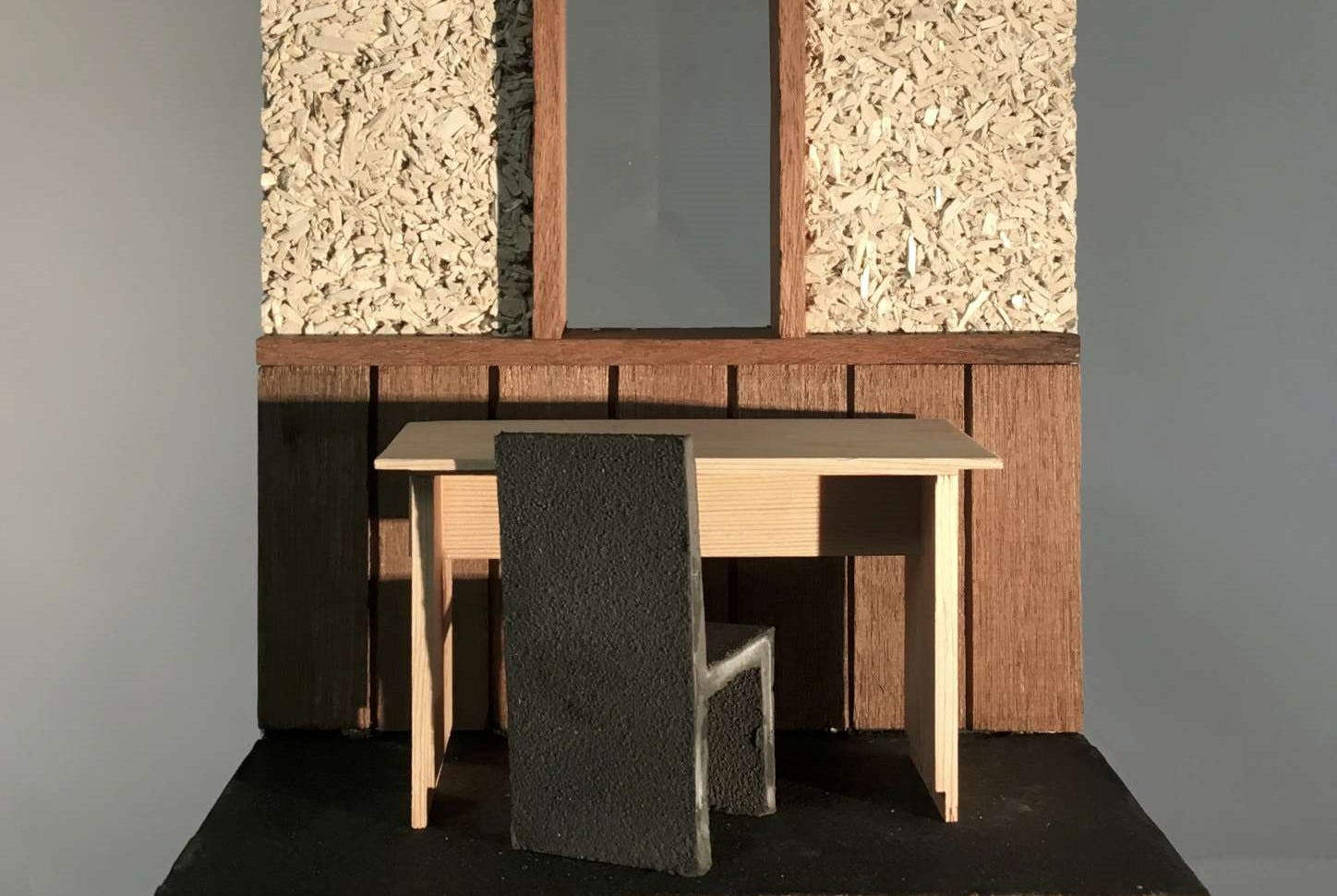 Maquette van een gevelopening in Villa F waarin het uiteindelijke materiaal kalkhennep is gebruikt in het schaalmodel. Beeld Werkstatt