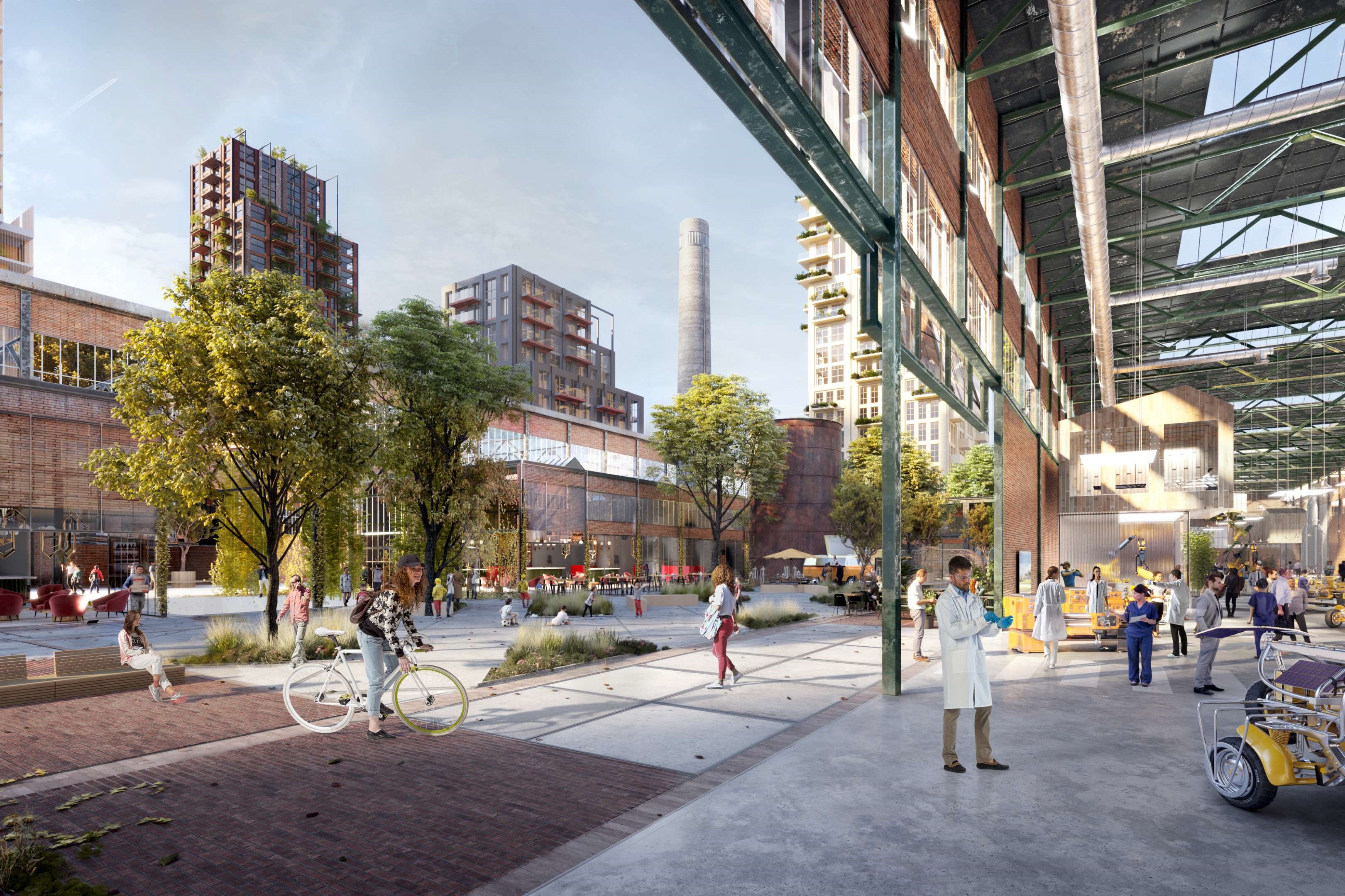 Zicht op het Fabrieksplein, een van de oudste delen van de fabriek. Het fabrieksplein is op afstand herkenbaar door de originele betonnen schoorsteen die behouden blijft. Beeld door Mei Architects and Planners.