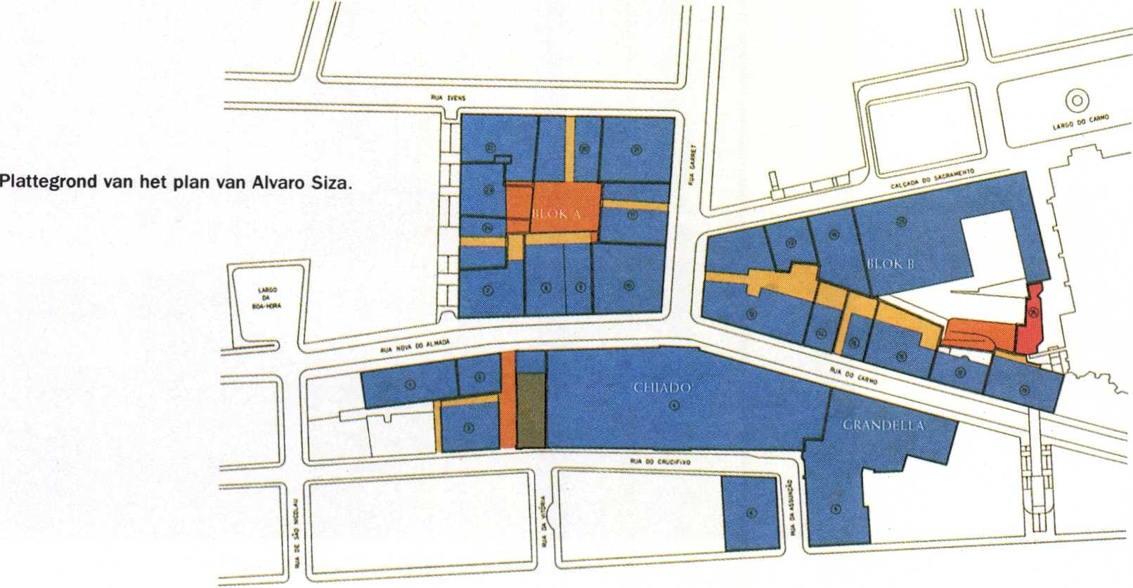 Plattegrond van het plan van Alvaro Siza.
Blauw: gebouwen binnen plangebied; oranje: publieke
zone; rood: af te breken gebouw ten behoeve
van publieke zone; roze: passage; bruin:
metro-toegang.