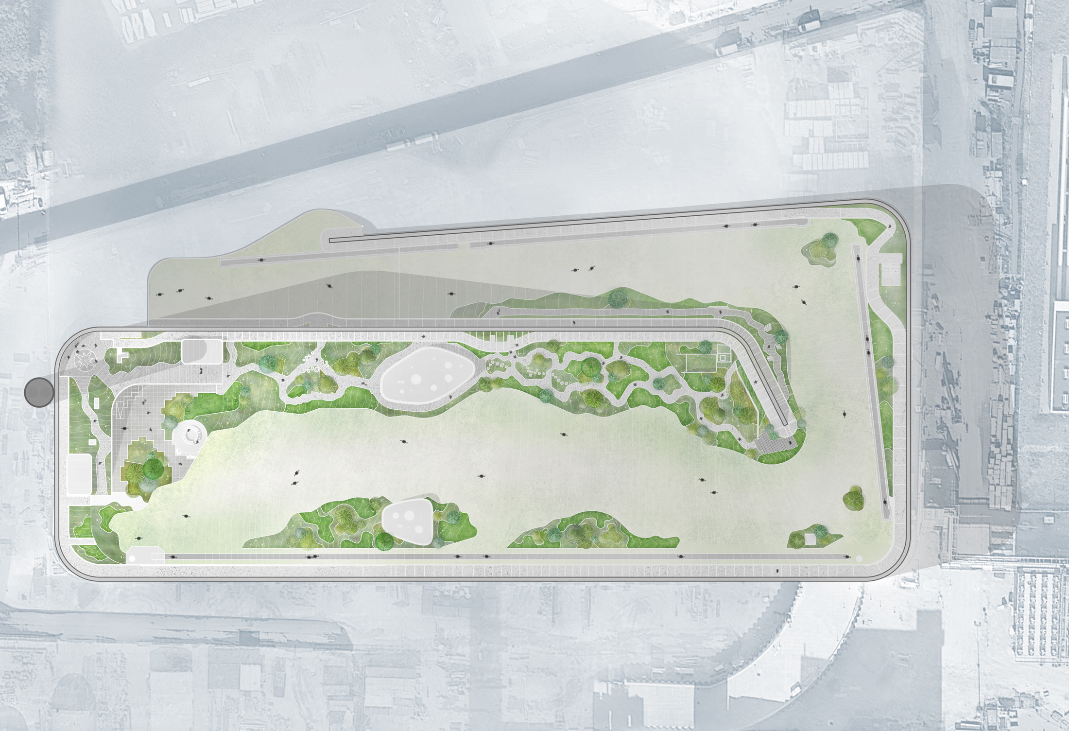 Plattegrond met terras, park, skipiste en diverse trappen, liften en skiliften. Beeld door SLA-Architects