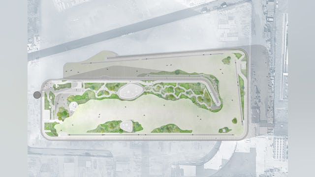Plattegrond met terras, park, skipiste en diverse trappen, liften en skiliften. Beeld door SLA-Architects