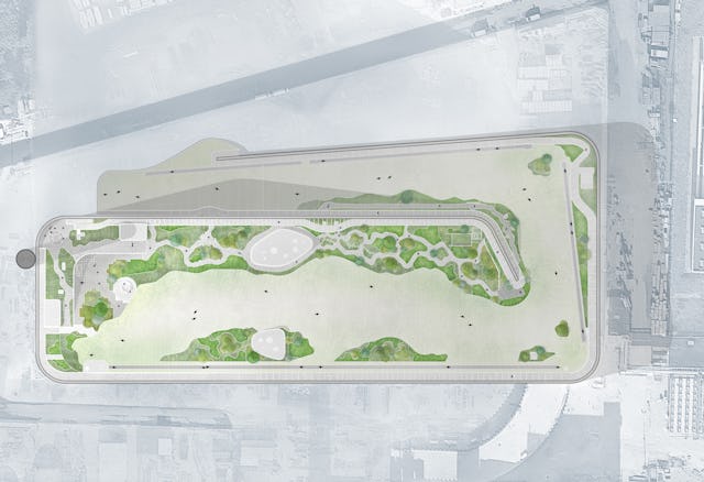 Plattegrond met terras, park, skipiste en diverse trappen, liften en skiliften. Beeld door SLA-Architects