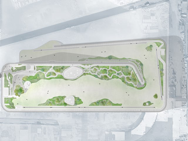 Plattegrond met terras, park, skipiste en diverse trappen, liften en skiliften. Beeld door SLA-Architects