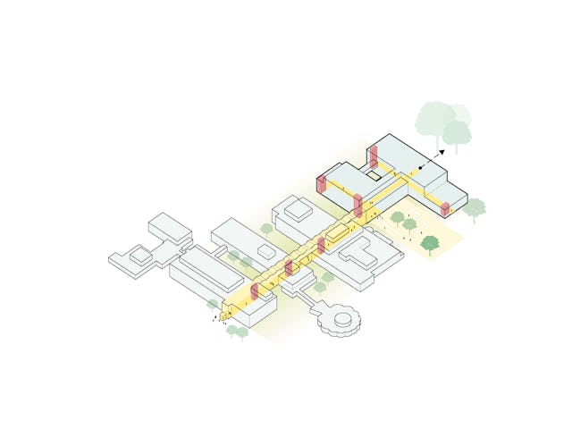 Aansluiting op routing bestaande complex. Beeld door EGM architecten