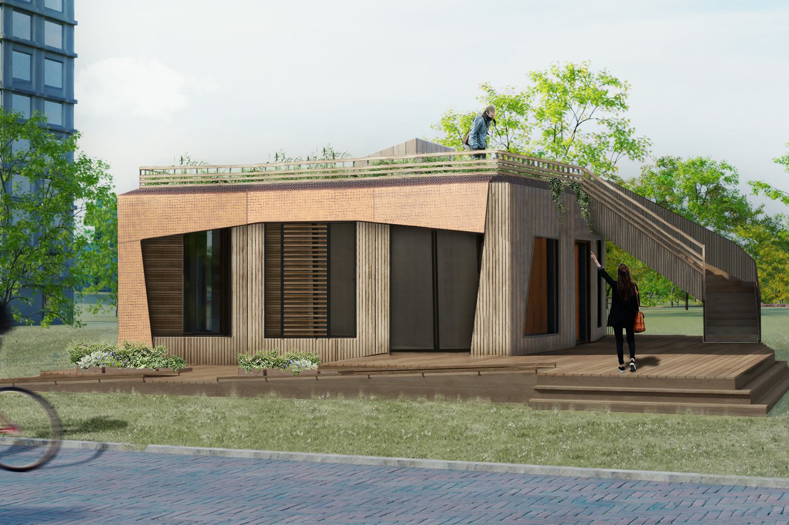 Impressie ontwerp huis 'Ripple' door studententeam VIRTUe op de TU/e campus. Beeld VIRTUe