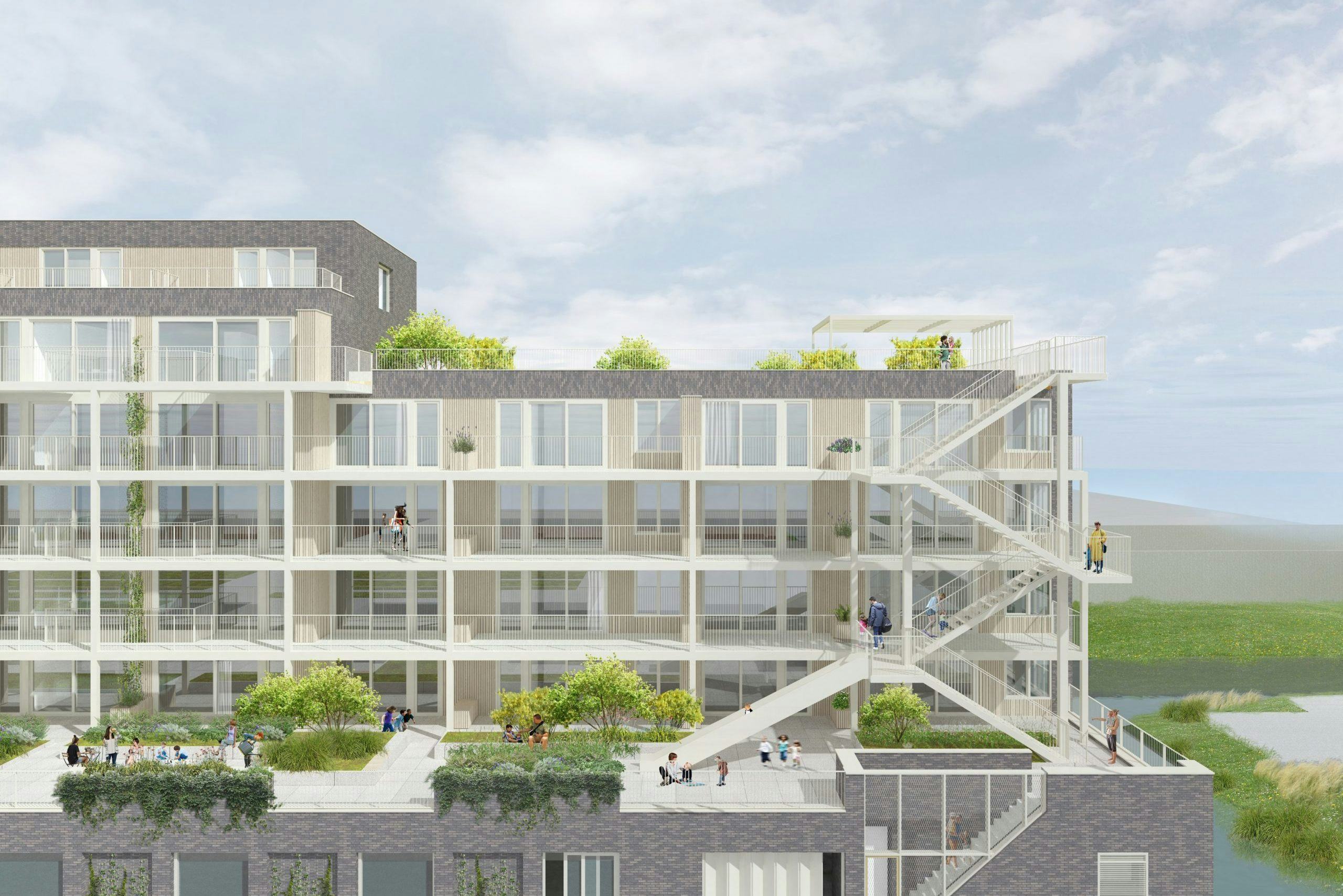 The Family Delft door ANA Architecten. Galerij westgevel binnenzijde, collectief dek met glijbaan en daktuin