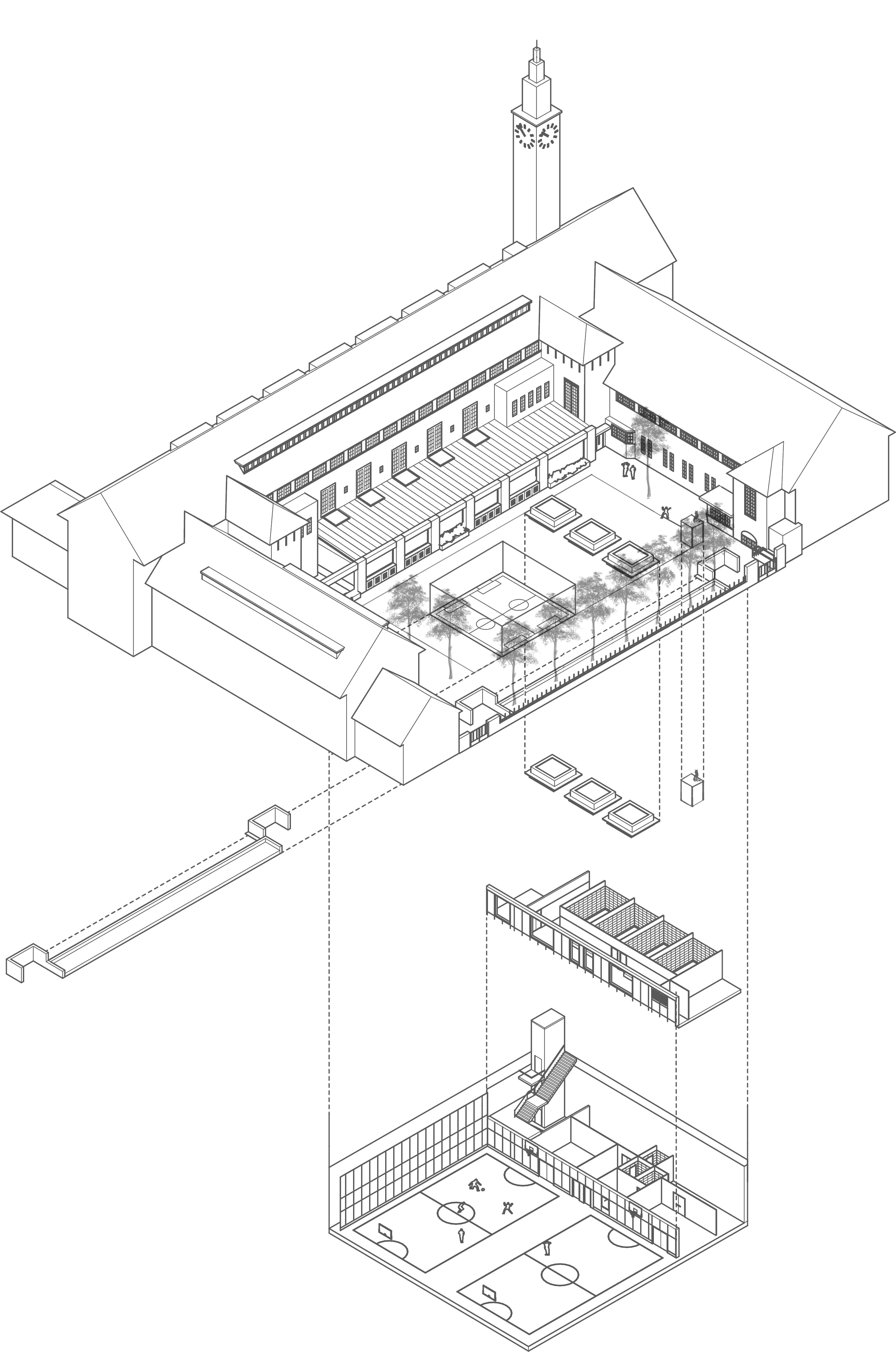 Exploded view van de transformatie van het Vossius Gymnasium in Amsterdam door Marlies Rohmer Architecture & Urbanism