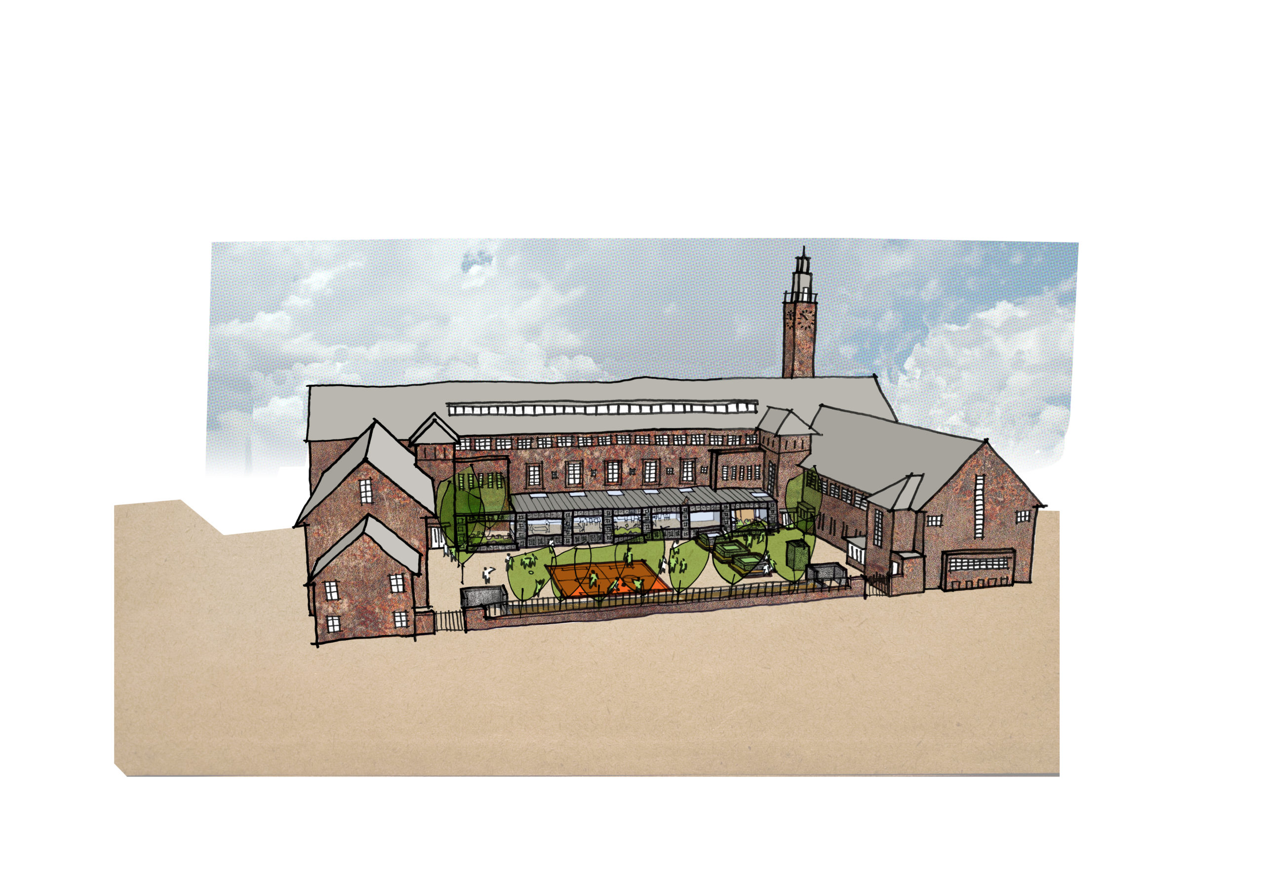 Schets nieuwe situatie van de transformatie van het Vossius Gymnasium in Amsterdam door Marlies Rohmer Architecture & Urbanism