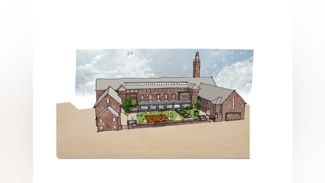 Schets nieuwe situatie van de transformatie van het Vossius Gymnasium in Amsterdam door Marlies Rohmer Architecture & Urbanism