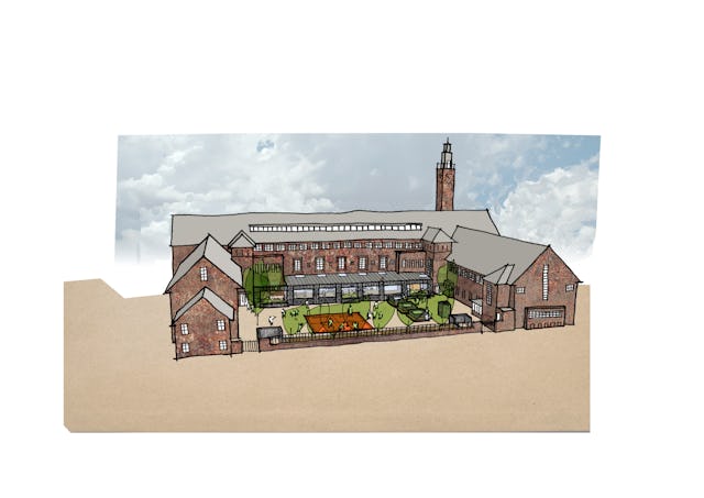 Schets nieuwe situatie van de transformatie van het Vossius Gymnasium in Amsterdam door Marlies Rohmer Architecture & Urbanism