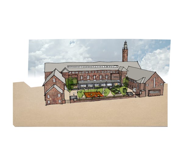 Schets nieuwe situatie van de transformatie van het Vossius Gymnasium in Amsterdam door Marlies Rohmer Architecture & Urbanism