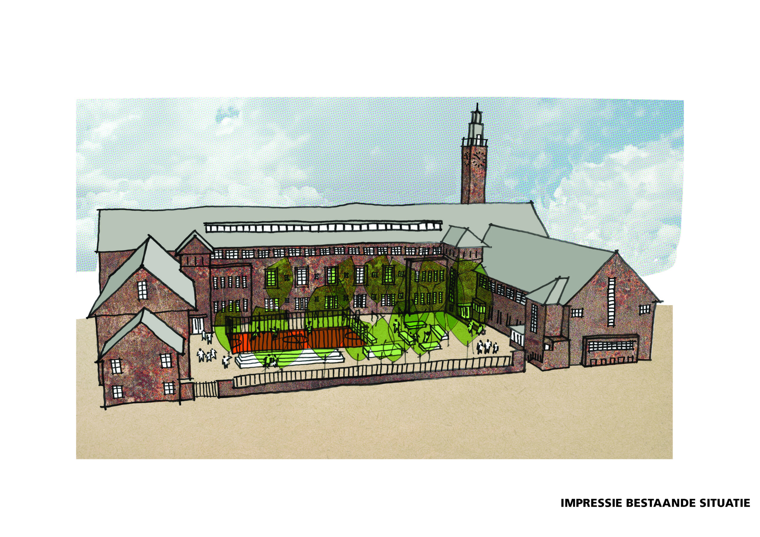 Schets bestaande situatie van de transformatie van het Vossius Gymnasium in Amsterdam door Marlies Rohmer Architecture & Urbanism