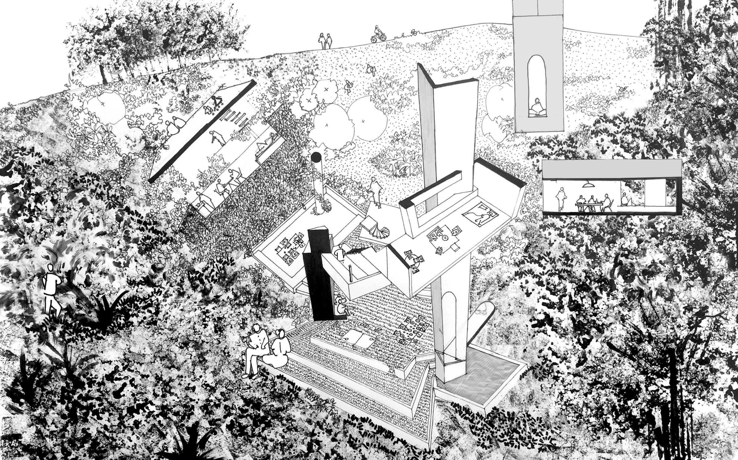 Concepttekening. Ways of life in het Duitse Scheid, door Shilpa Mevada voor Tatiana Bilbao Estudio