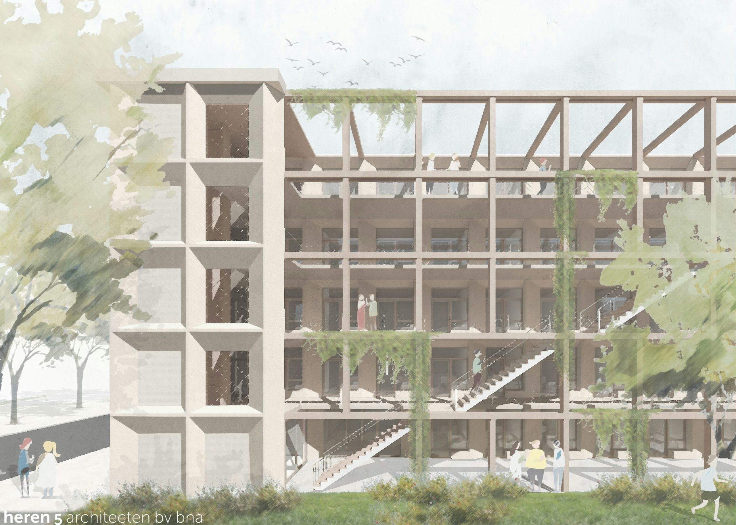 Het woonblok kent hoge circulariteitsambities. Beeld Heren5