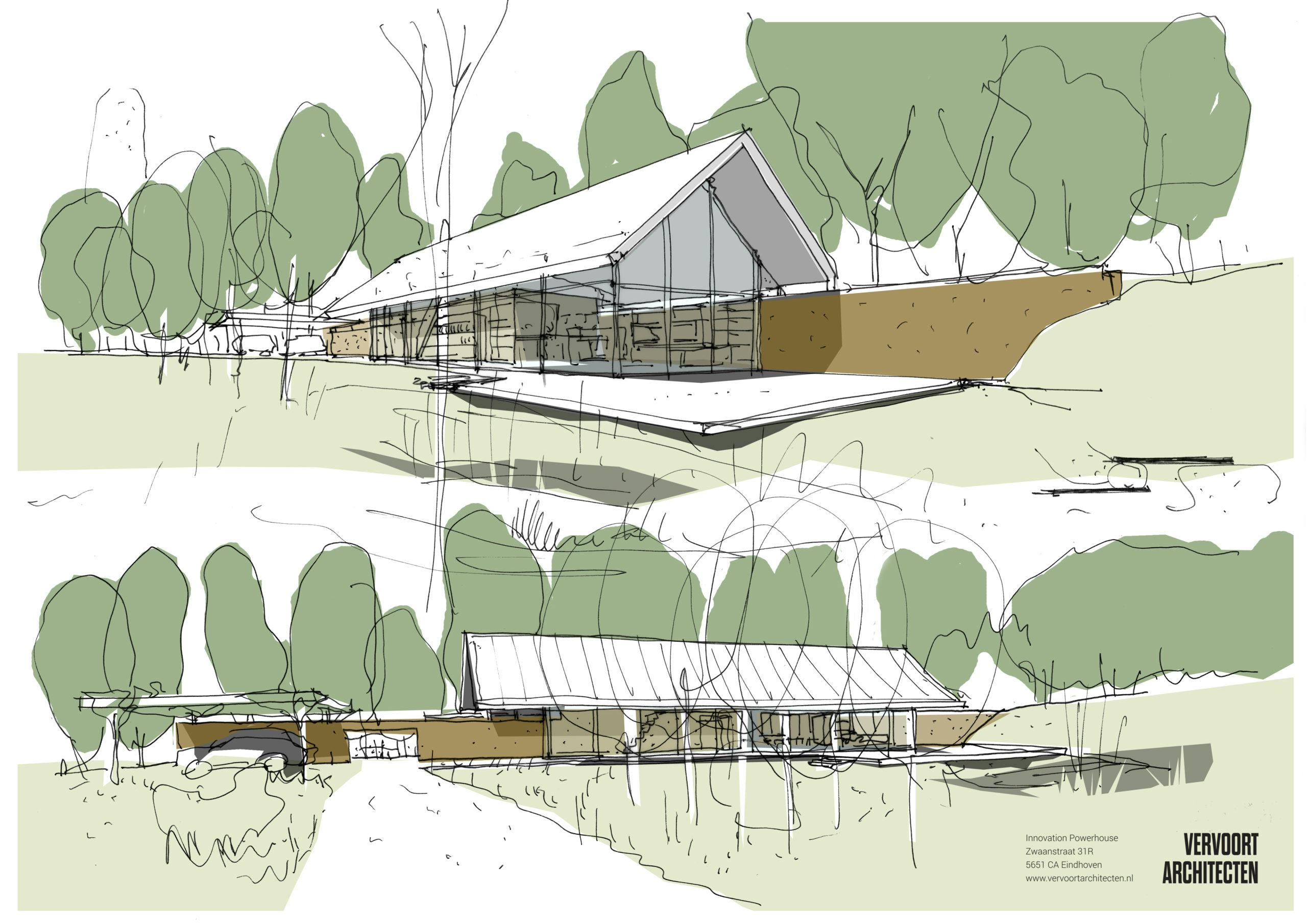 Woonhuis SW, ontwerpschetsen, onderzoek naar programmatische oplossing in combinatie met bouwvolume/ schetsplan fase/ pentekening (grof computermodel als onderlegger) en digitale bewerking, totale productietijd (excl model) 20 min.