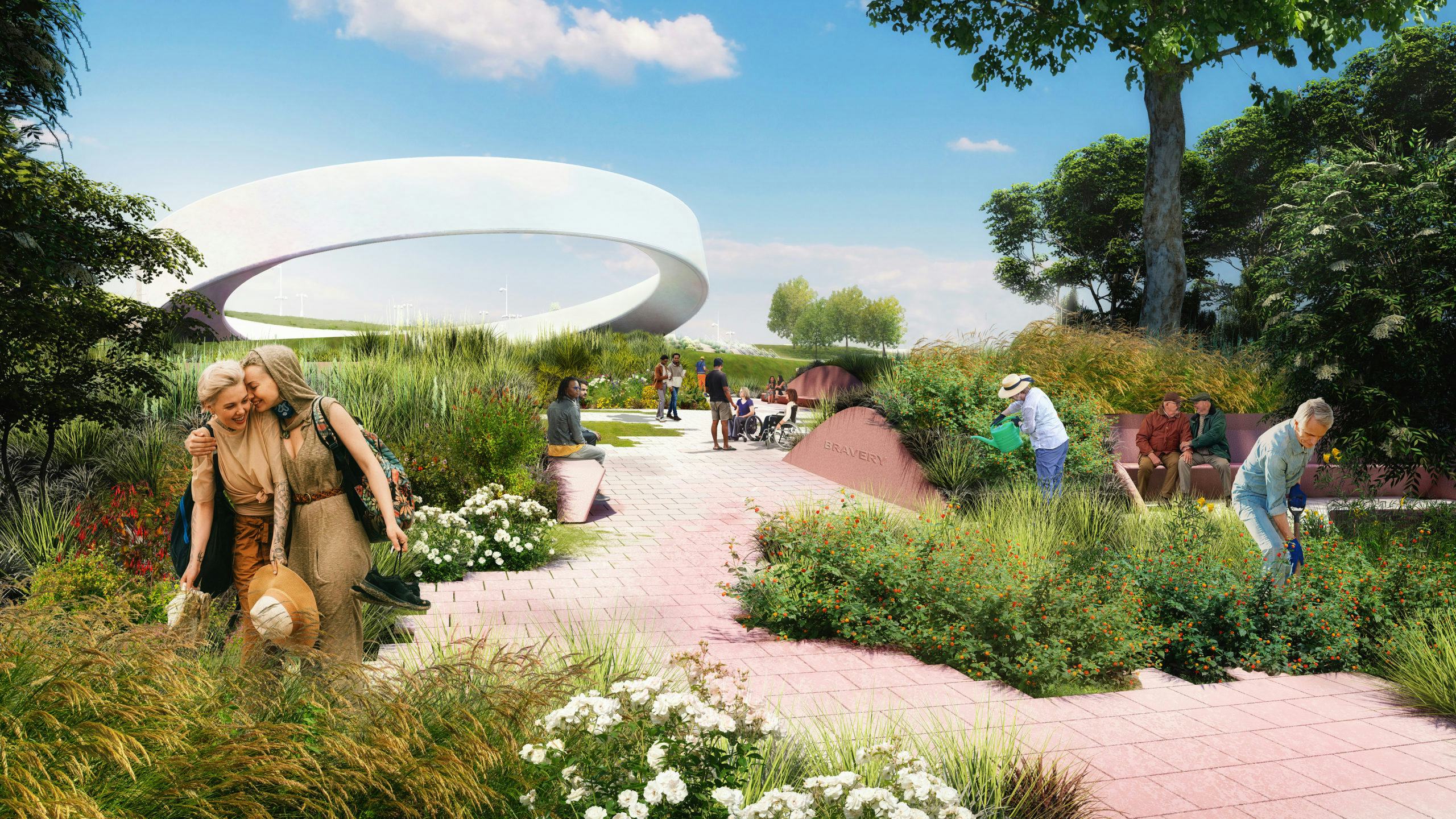 Het monument staat midden op een heuvel en verheft zich om iedereen te verwelkomen, met name de Canadese 2SLGBTQQIA+-gemeenschap. Beeld: MVRDV / Fathom Studio / Two Row Architect
