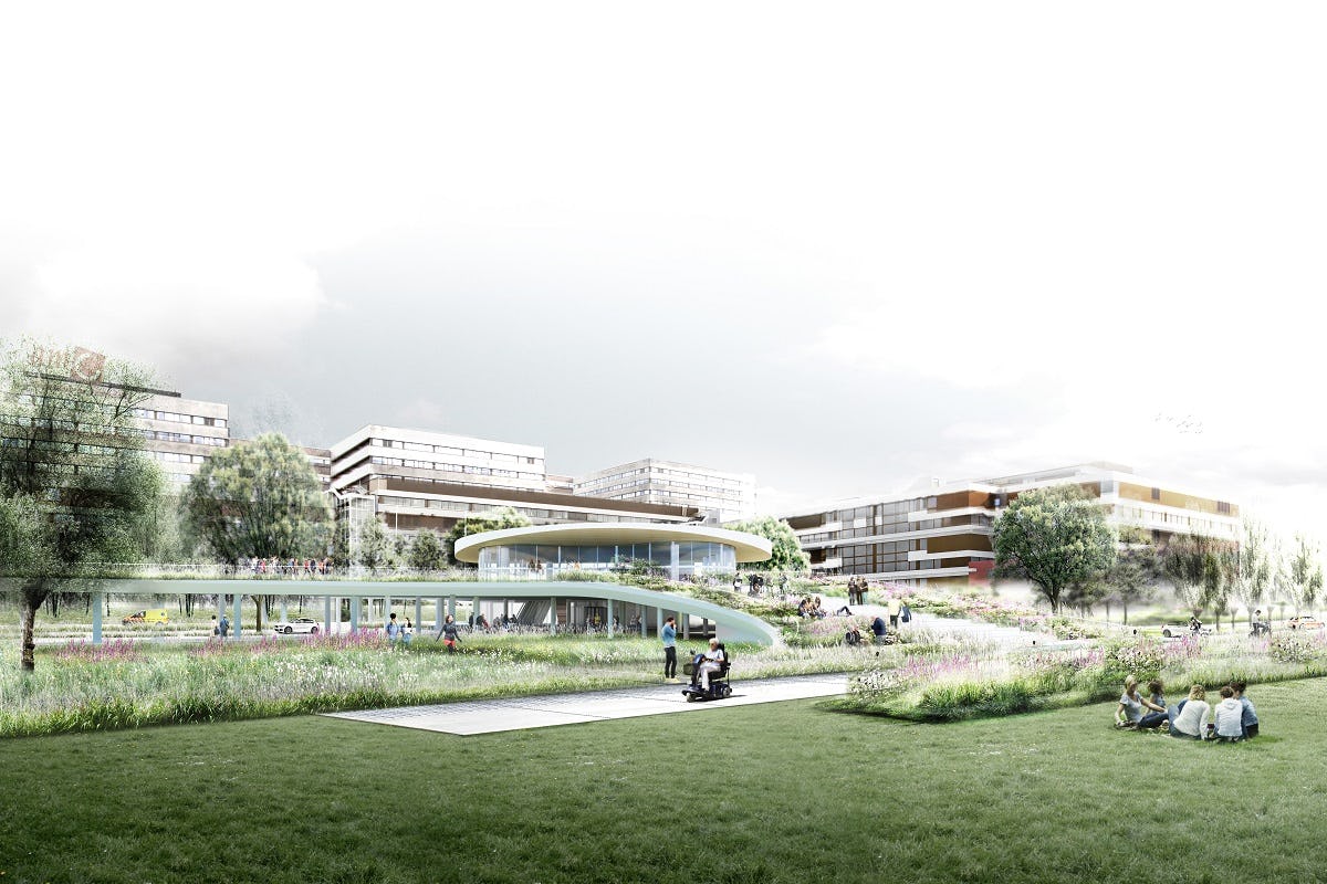 Het AMC Health Park omvat een nieuw entreegebied en -paviljoen voor het ziekenhuis in Amsterdam
