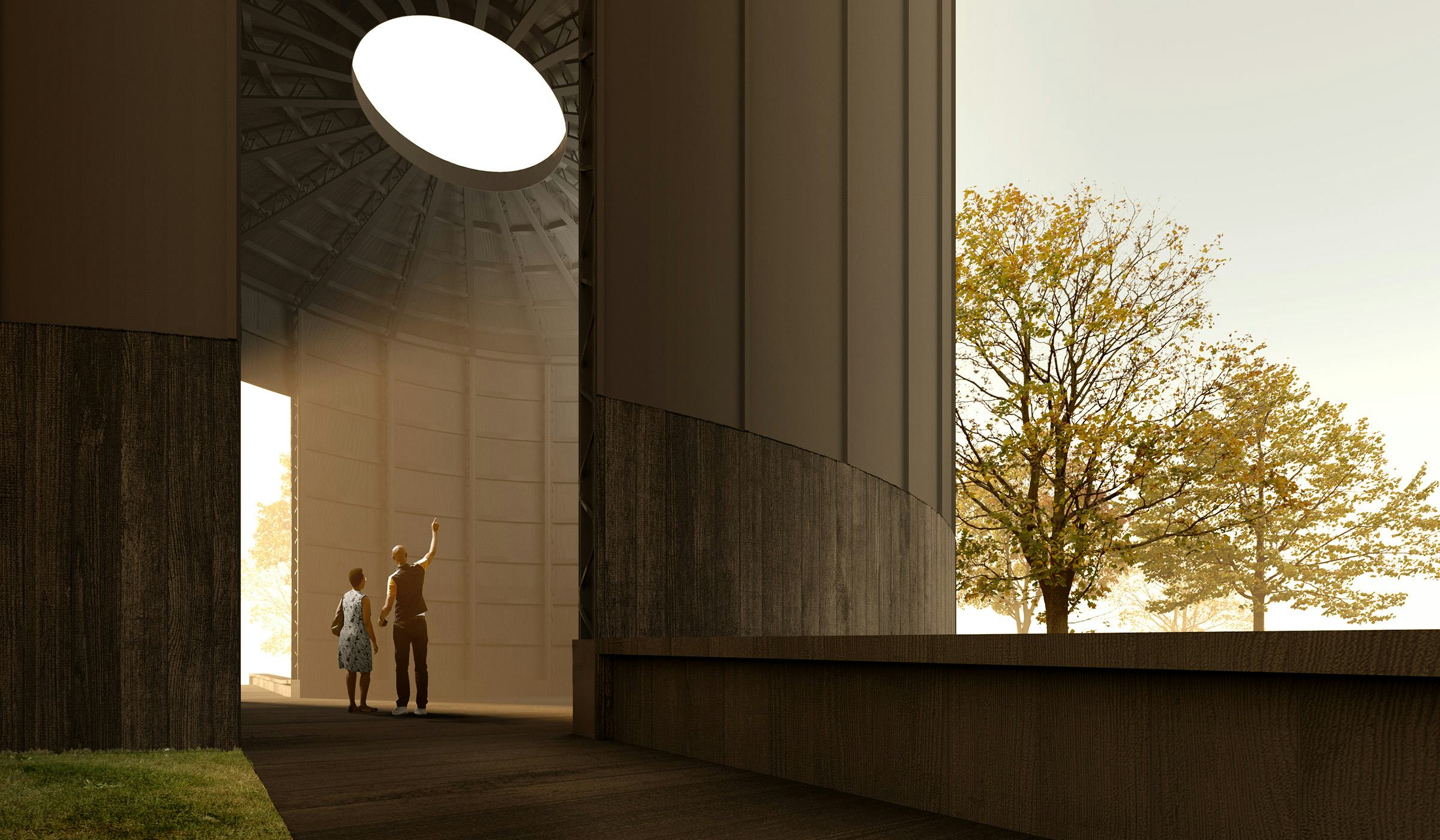 Serpentine Pavilion 2022 Black Chapel designed by Theaster Gates. Design render, interior view 2022 door Theaster Gates Studio, courtesy: Serpentine Theaster Gates. Beeld Sara Pooley