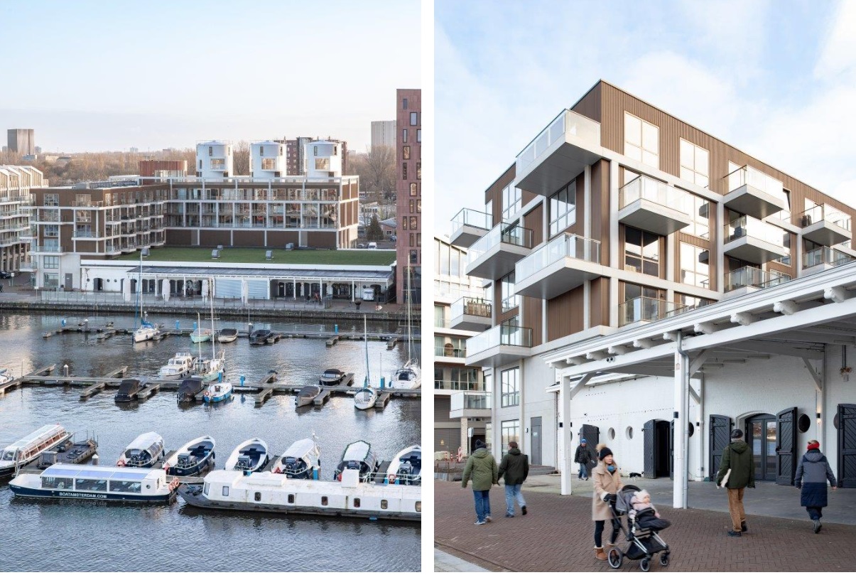 The Harbour Club kreeg een L-vormige nieuwbouw van zes lagen die de oude wijnterminal omarmt. Zo sluit het complex aan op de typologie van de nieuwbouw ernaast. Beeld Thijs van Stigt