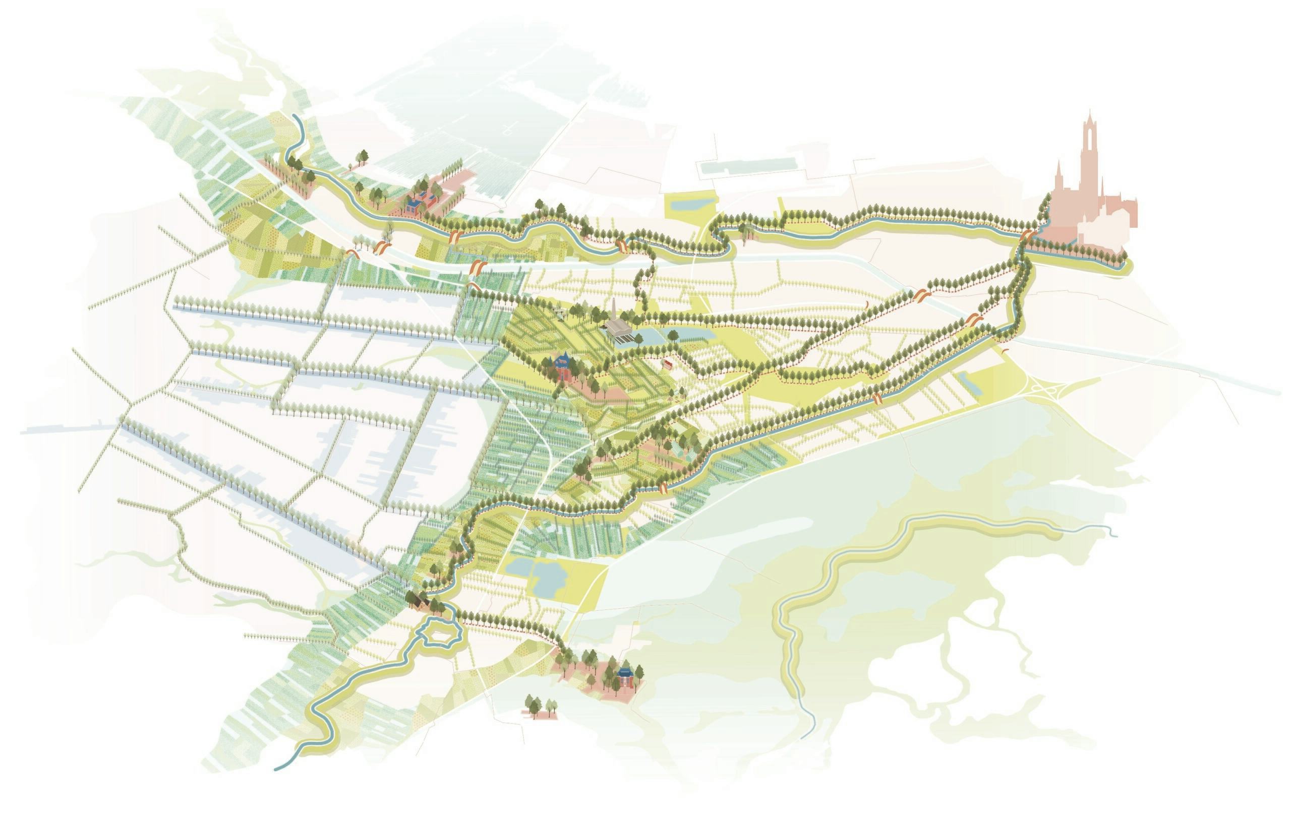 Casestudie Stadsranden Utrecht uit het onderzoek van Boom! Landscape en De Natuurverdubbelaars. Lanen verknopen de stad met het landschap. Ze geven het verrommelde landschap weer structuur. De bomen kunnen geoogst worden voor het hout. Beeld Boom! Landscape