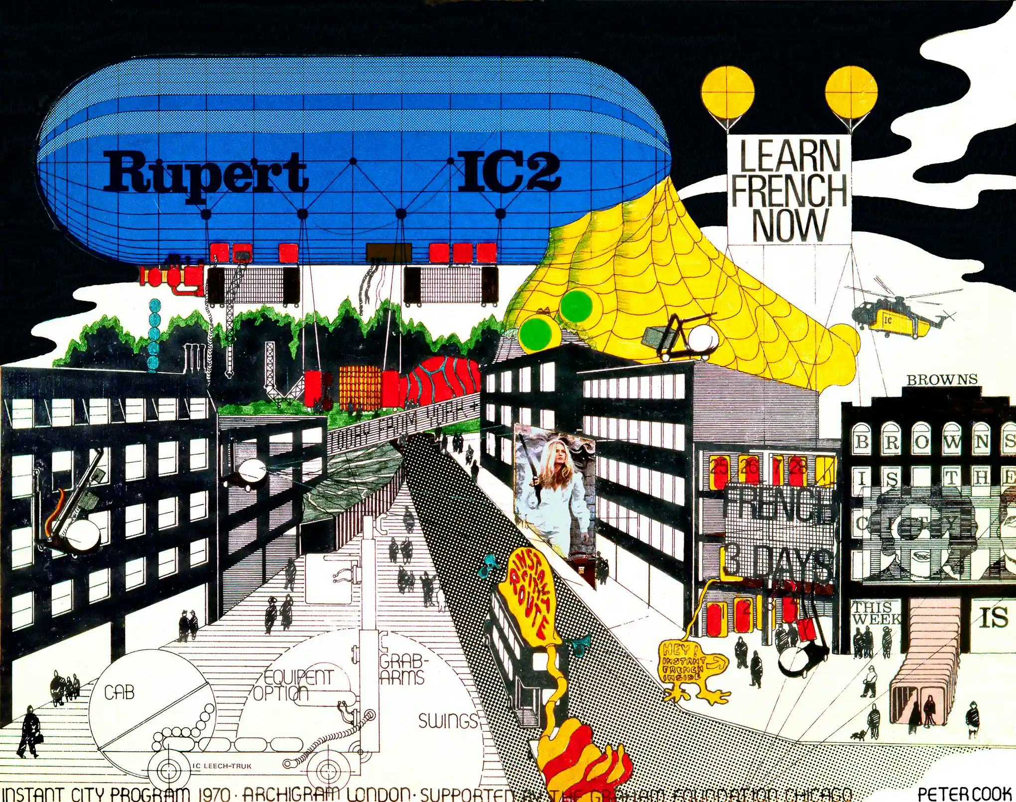 Instant City Airships, Visit to a Small Town by Peter Cook, 1970. Beeld Archigram