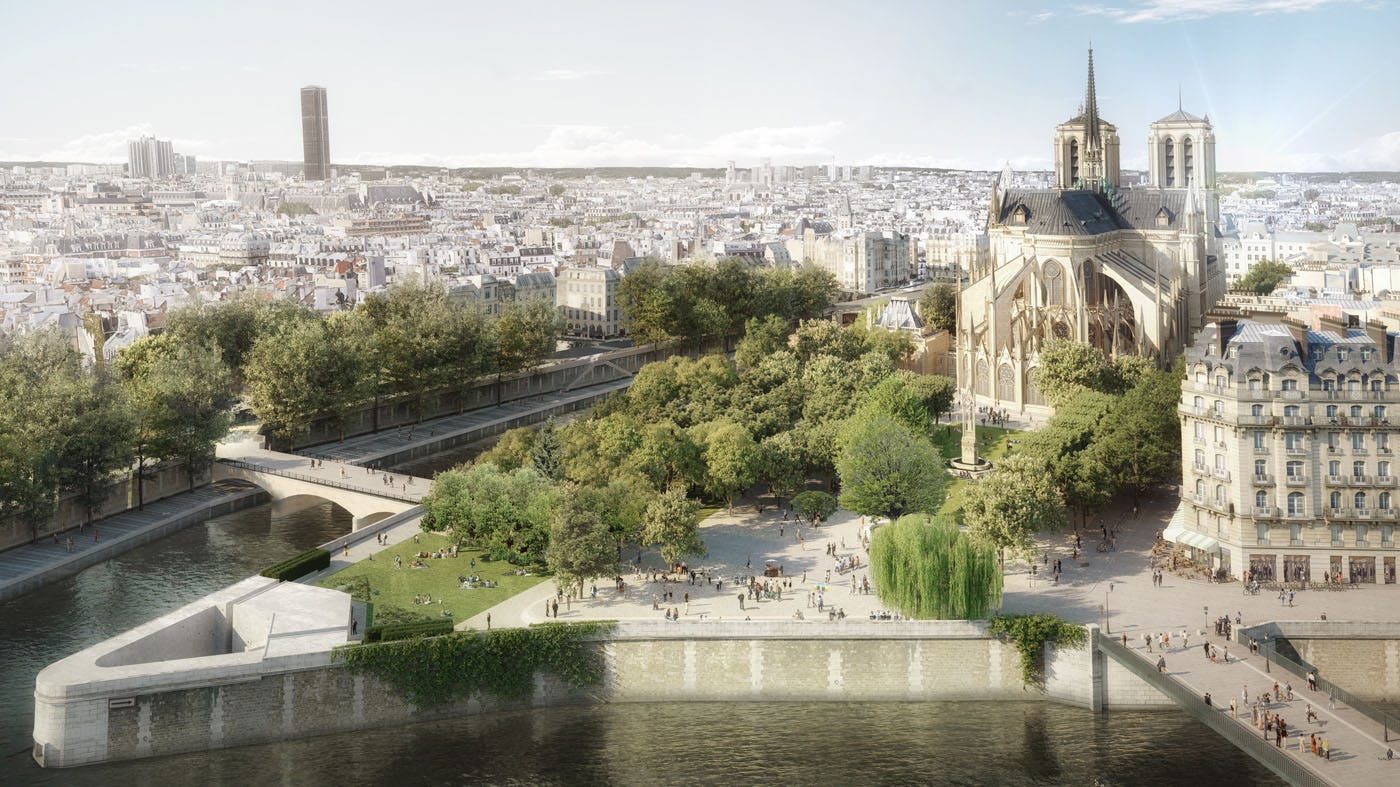 Tussen de apsis en de Seine wordt een groot doorlopend plein gecreëerd rond een royaal grasveld dat uitkomt op de luchtbogen en glas-in-loodramen van de kathedraal. Studio Alma voor Groep BBS