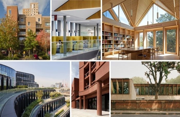 Met de klok mee vanaf boven: Orchard Gardens, Elephant Park. Beeld Enrique Verdugo. Forth Valley College Falkirk Campus. Beeld Reiach and Hall Architects. The New Library, Magdalene College. Beeld Nick Kane. Sands End Arts and Community Centre. Beeld Rory Gardiner. Hackney New Primary School and 333 Kingsland Road. Beeld Nick Kane; 100 Liverpool Street Beeld Janie Airie.