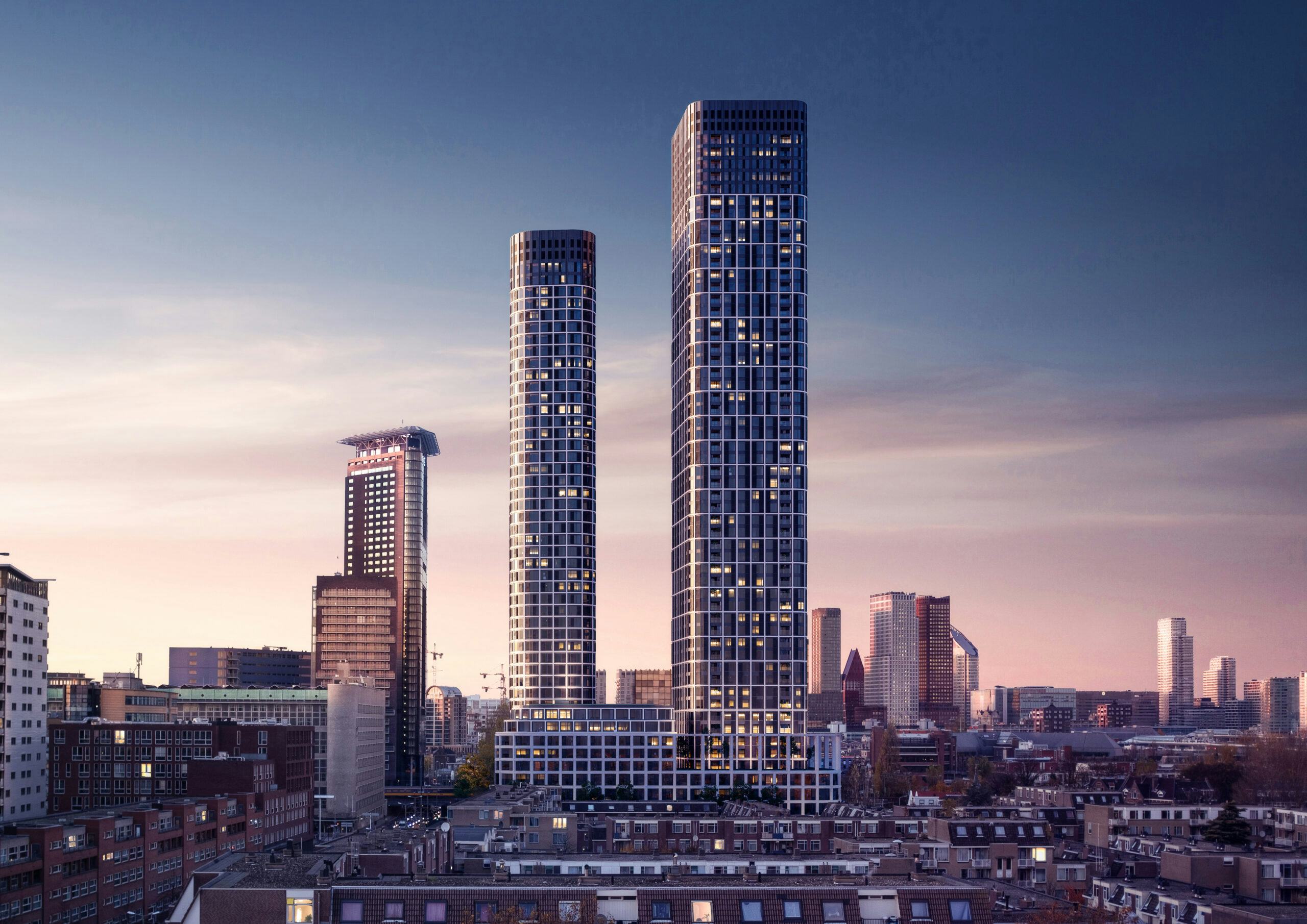 De twee torens van The Grace door Mecanoo worden met 150 en 180 meter de hoogste in Den Haag. Beeld Mecanoo