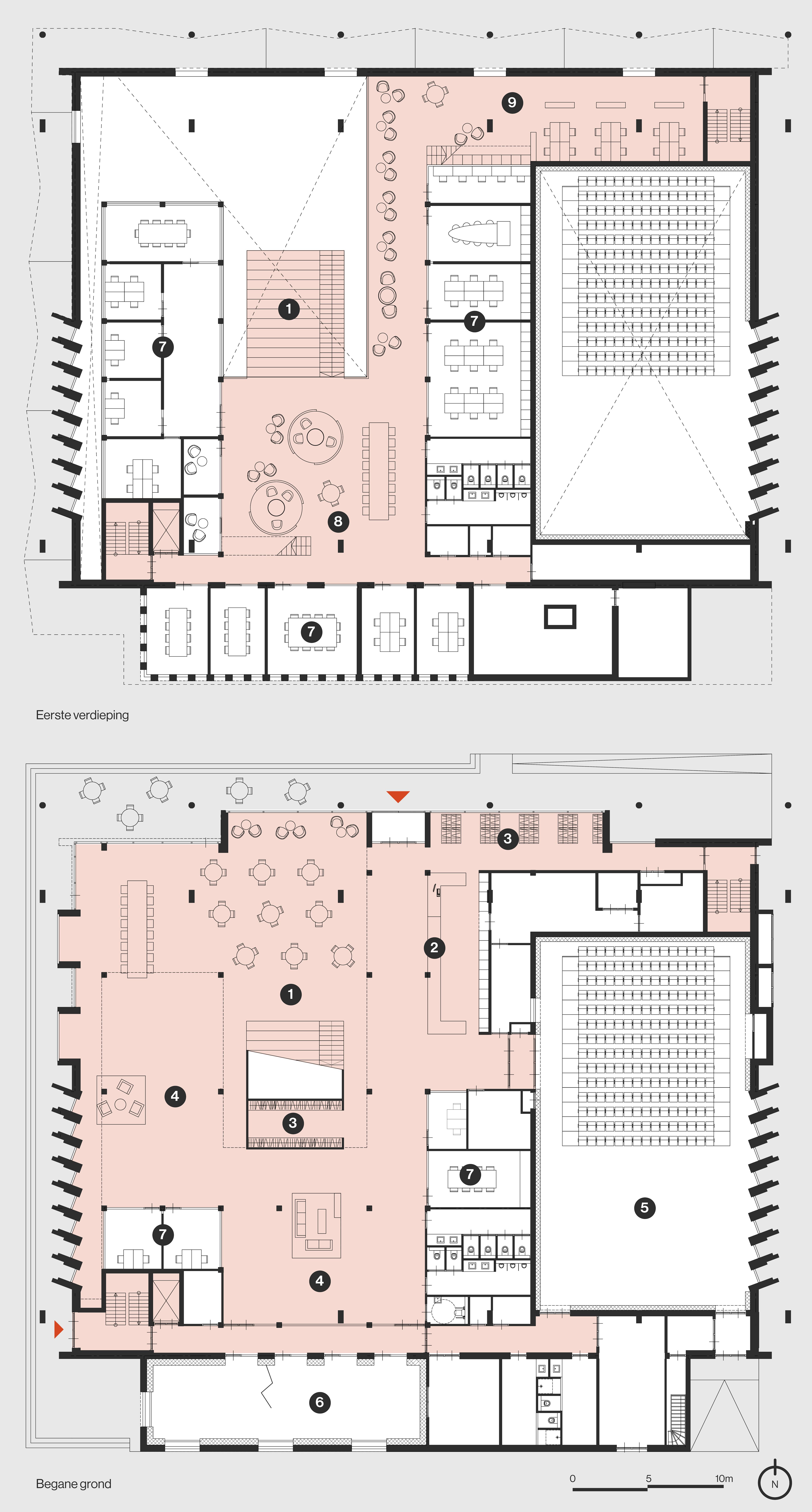 1.	Foyer
2.	Balie en bar
3.	Garderobe
4.	Bibliotheek
5.	Grote zaal
6.	Multifunctionele ruimte / kleine zaal
7.	Werkplekken
8.	Flexibele ruimte
9.	Open werkplekken