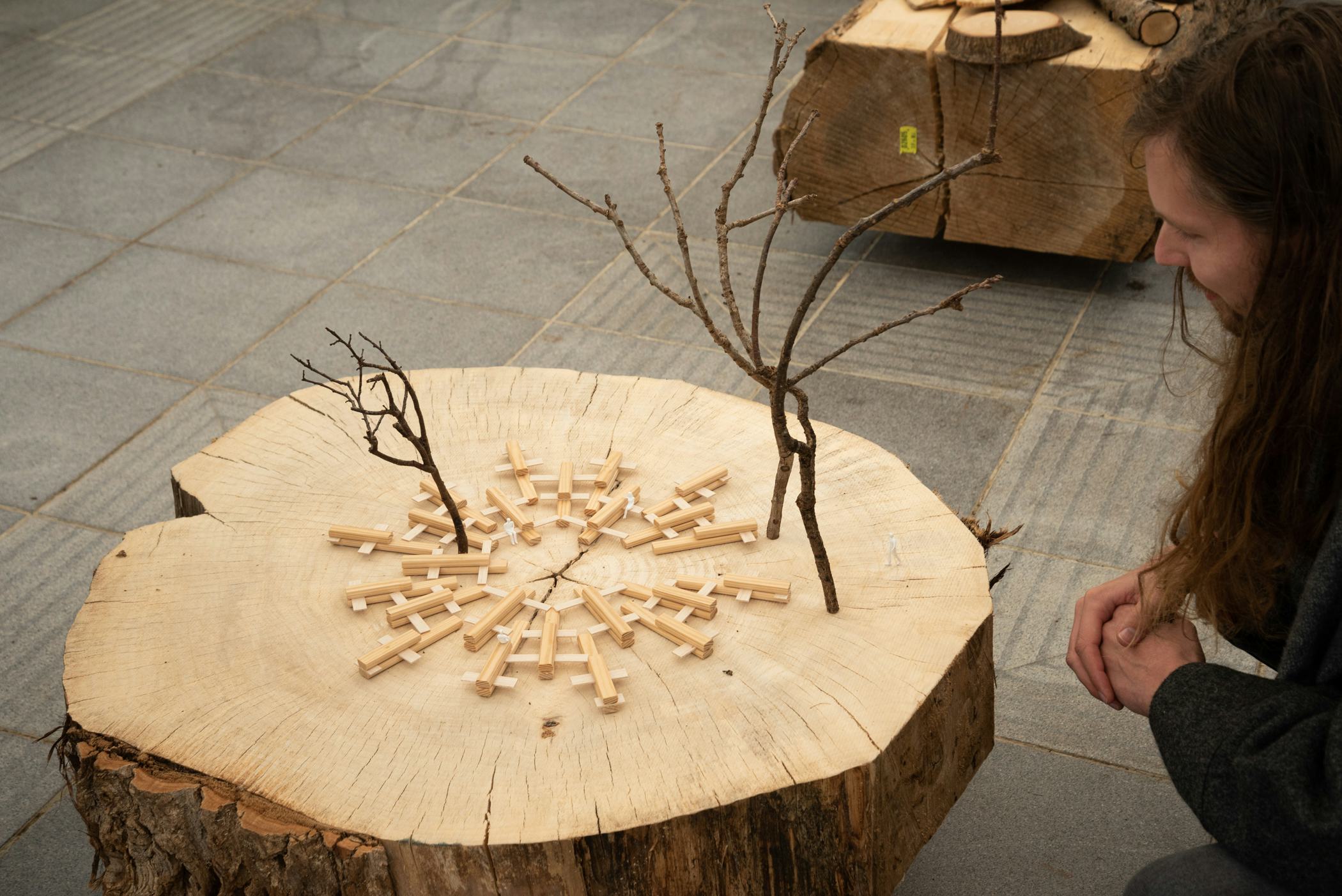 Kunstenaar Elmo Vermijs leende 48 boomstammen en bouwde een parlement