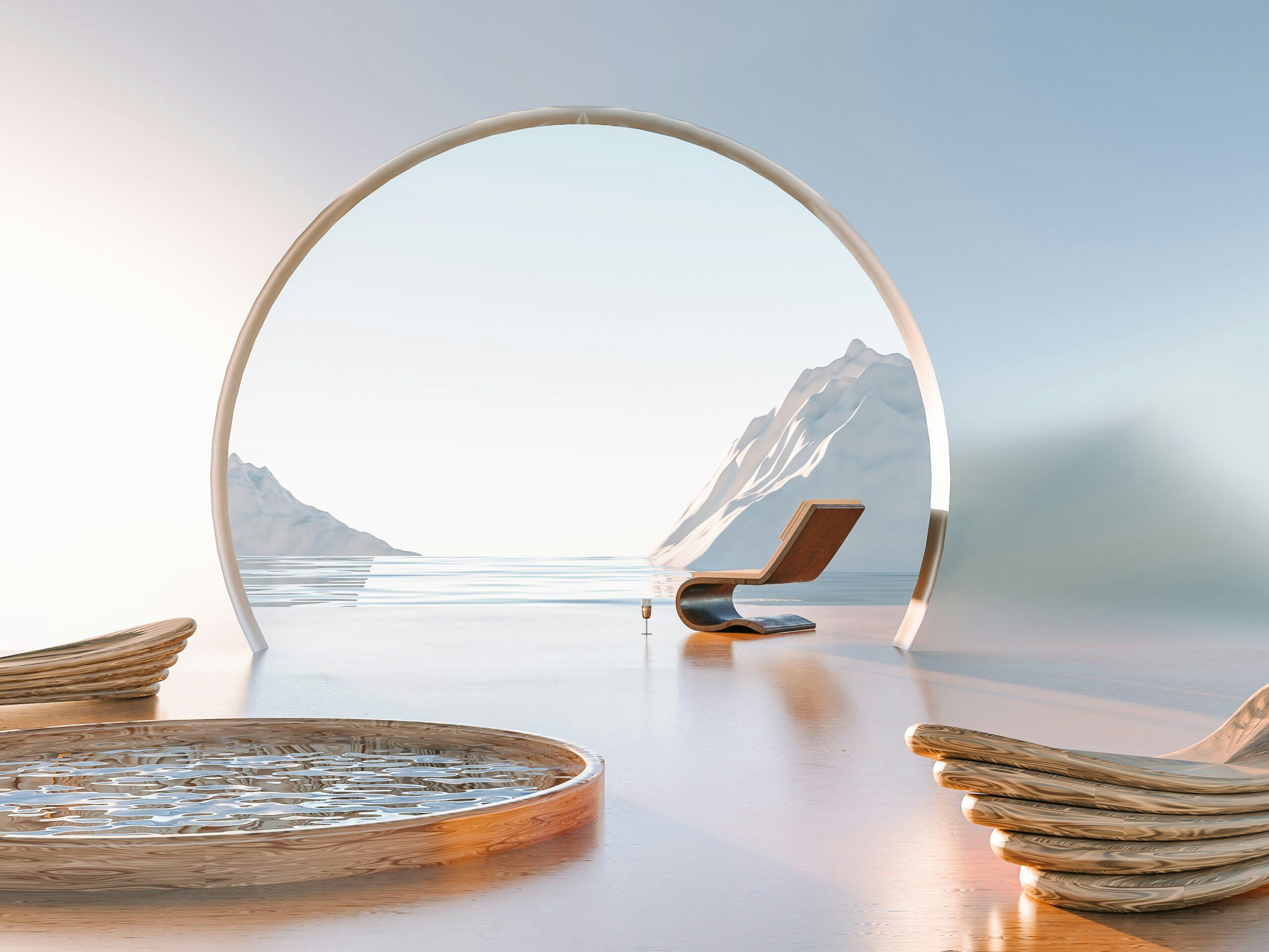 Restorative escape concept. Winter arctic surreal place with wooden lounge chairs and pool. Metaverse travelling to surreal places. Beeld Shutterstock