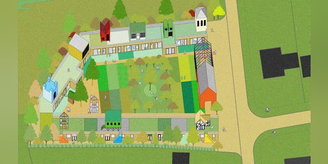 Axonometrische tekening van Co-living in the Countryside. Beeld Charles Holland Architects