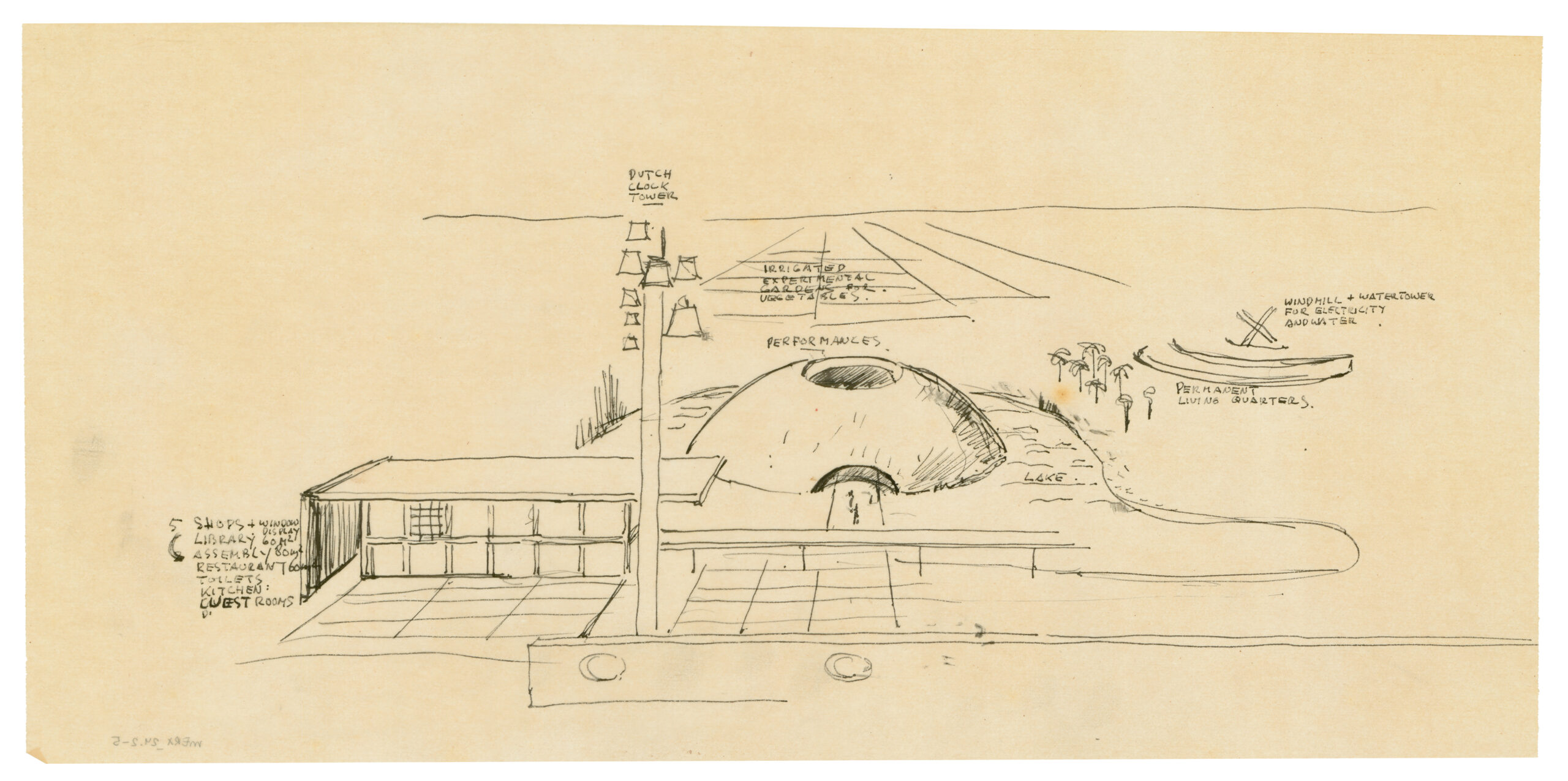 Schets van Auroville met onder meer het gebouw, het carillon, de koepel en windmolen. Beeld Collectie Nieuwe Instituut MERX 24.2-5