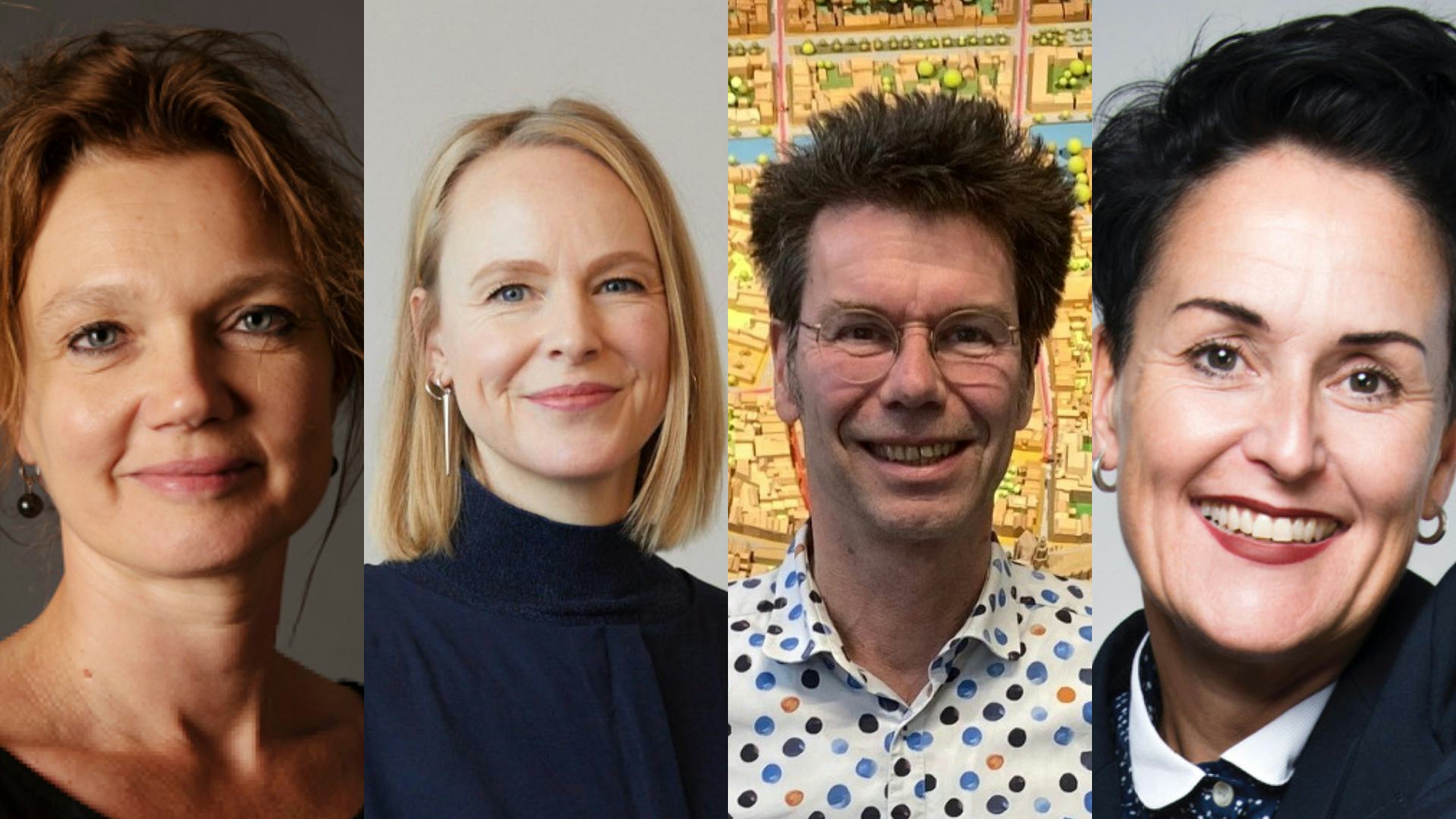 V.l.n.r. Indira van 't Klooster ((c) Eva Kasbergen), Barbara Luns ((c) Willem de Kam), Gabriël Verheggen (c)) ABC Architectuurcentrum Haarlem) en Saskia van Stein ((c) Bureau Europa)