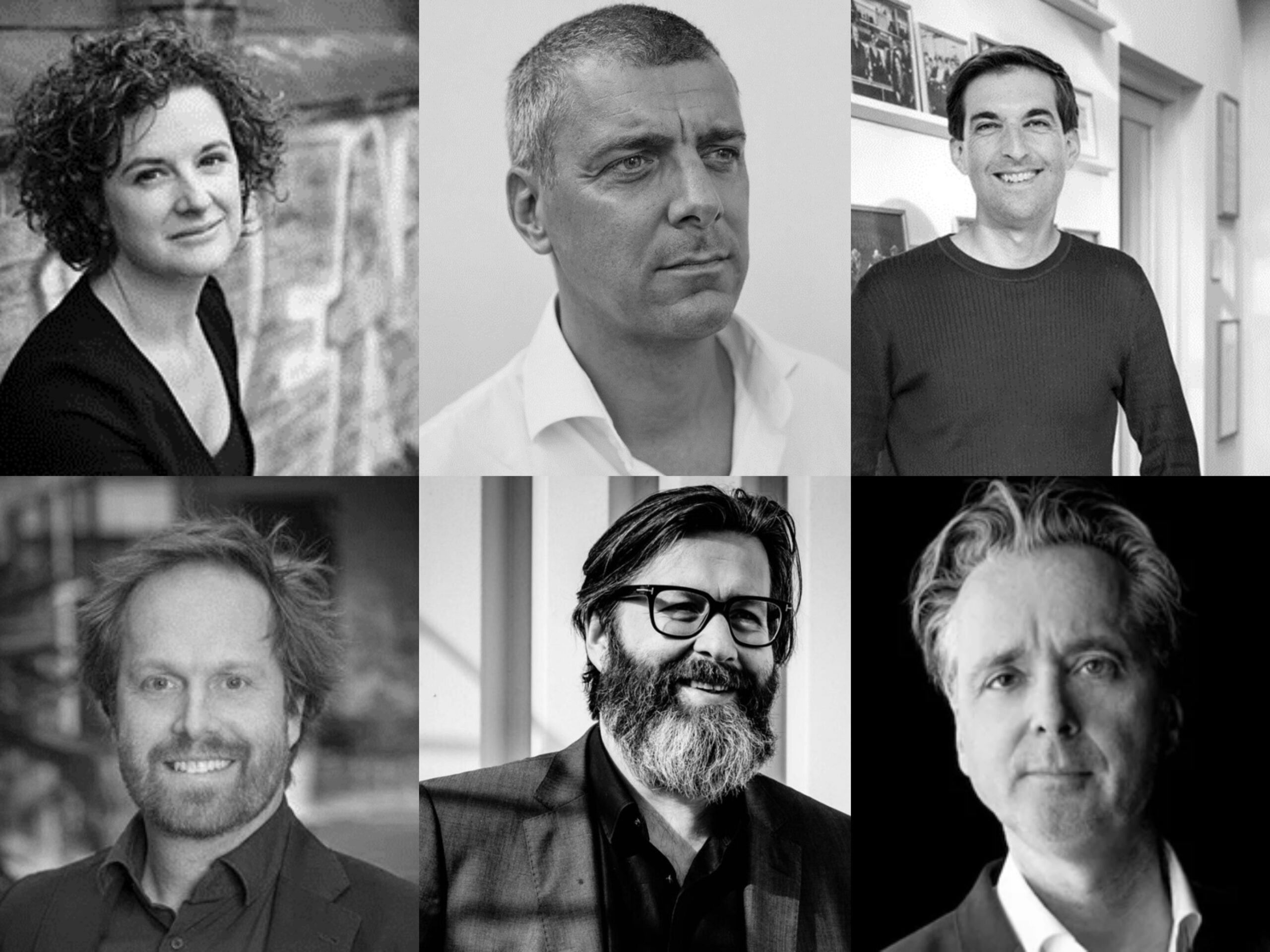 Vlnr. Annegien van Dijk (BRIQUE Architecten), Jan Peter Wingender (Winhov), Floris Overheul (Mecanoo), Tim Vermeend (Urban Climate Architects), Jeroen de Willigen (De Zwarte Hond) en Wouter Thijssen (MVSA)