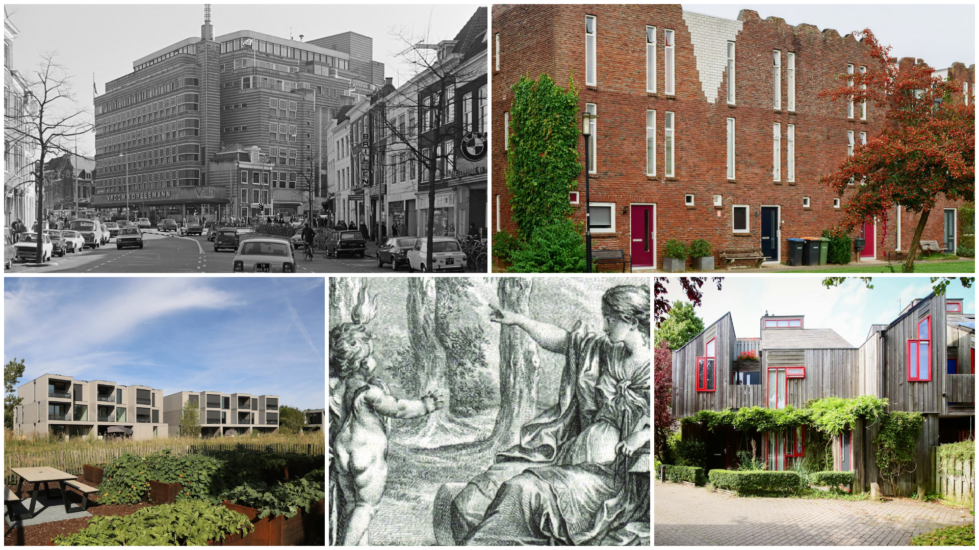 Vlnr: V&D-Haarlem uit 1934, hier in 1976. Beeld Noord-Hollands Archief, Ruïnewoningen Kattenbroek, 1989-1990. Beeld David Meulenbeld, De modulaire woningen van Rivierduinen in Silvolde, naar ontwerp van Mix architectuur. Beeld Mix Architectuur, Beeld Hans Teerds, De Vier Vierkanten in Alkmaar, door Abe Bonnema (1977-1979). Beeld Ruben Ferwerda.

