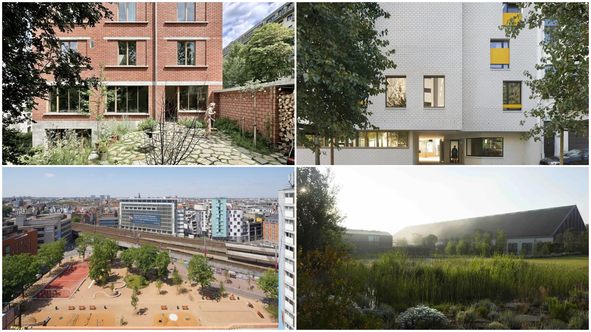 Vlnr bovenste rij: Maison Jupiter, beeld Maxime Delvaux / Amber Van Bossel / V+. BTL, beeld Maxime Delvaux / Amber Van Bossel / V+. Onderste rij: Jonction Urban Park, beeld  Francois Lichtlé en Arles Luma Parc des Ateliers, beeld Rémi Bénali