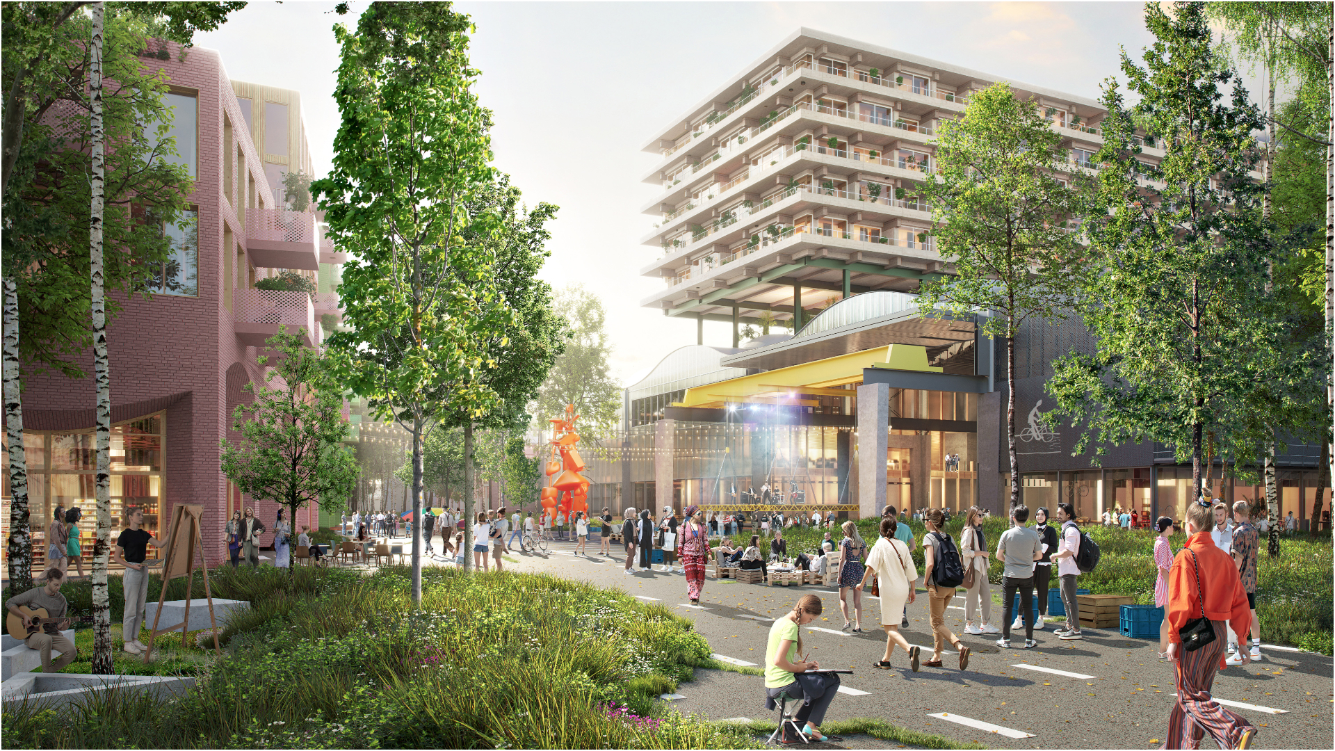 Op de Wärtsilä-hal komt een spectaculair houten appartementengebouw. Beeld Vivid Vision