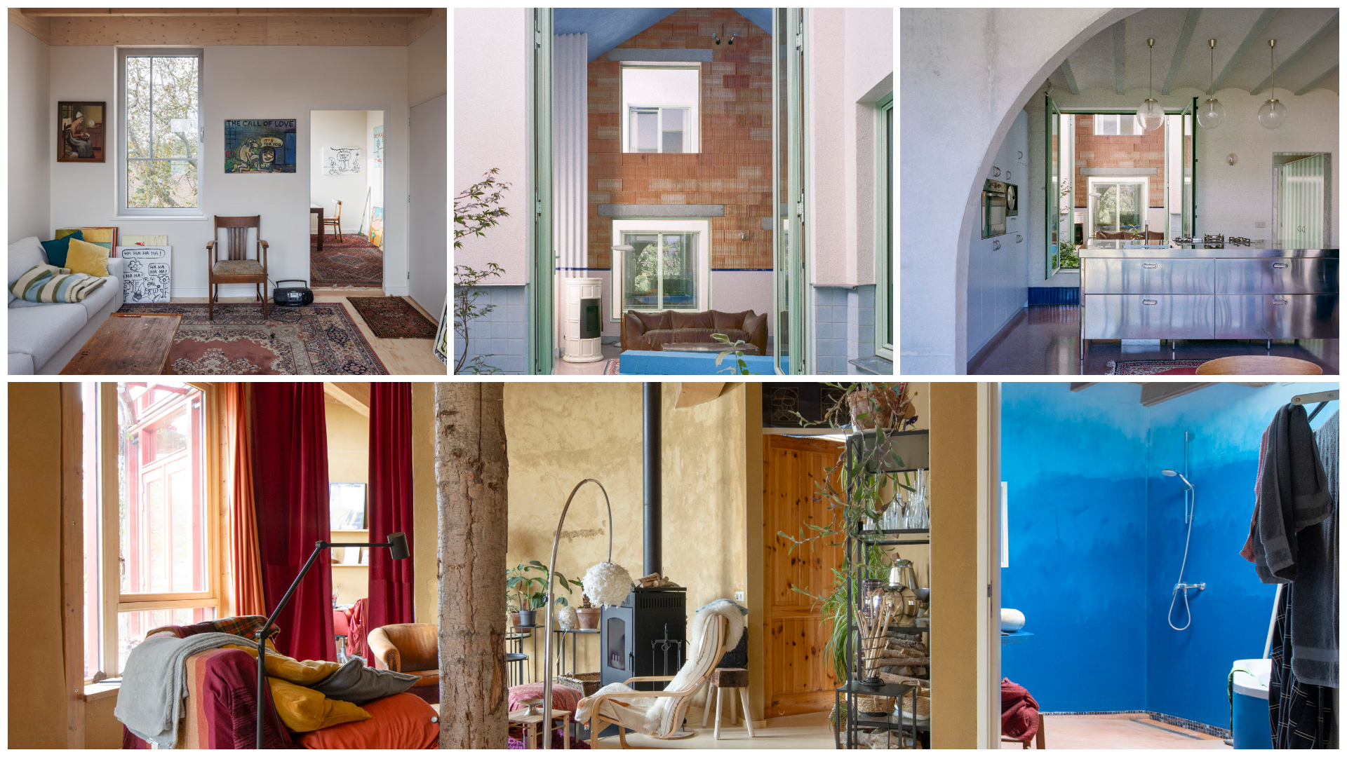 Met de klok mee: 1. het atelier door Pieter Bedaux. Beeld Karin Borghouts, 2 en 3: Huis Dailly door Mamout Architects. Beeld: Séverin Malaud, 4: interieur aardehuis. Beeld: Frank Hanswijk.