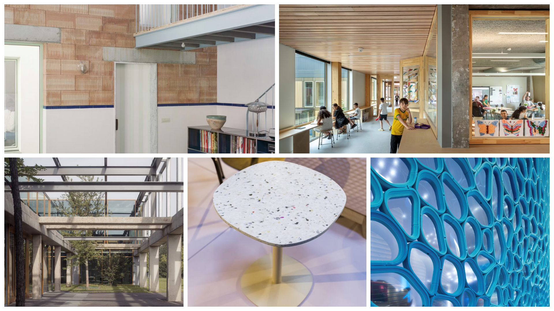 Boven vlnr:  Huis Dailly door Mamout Architects, beeld Séverin Malaud en Basisschool De Wereldburger in Amsterdam door MOKE architecten, beeld Thijs Wolzak. Onder vlnr: ITC door Civic, beeld Stijn Bollaert; Tafel ‘Butler’ door Bogaerts met een Polygood-blad van The Good Plastic Company, beeld Max Kneefel en Aectual x Tiffany x Mvrdv, beeld Paula Mansilla