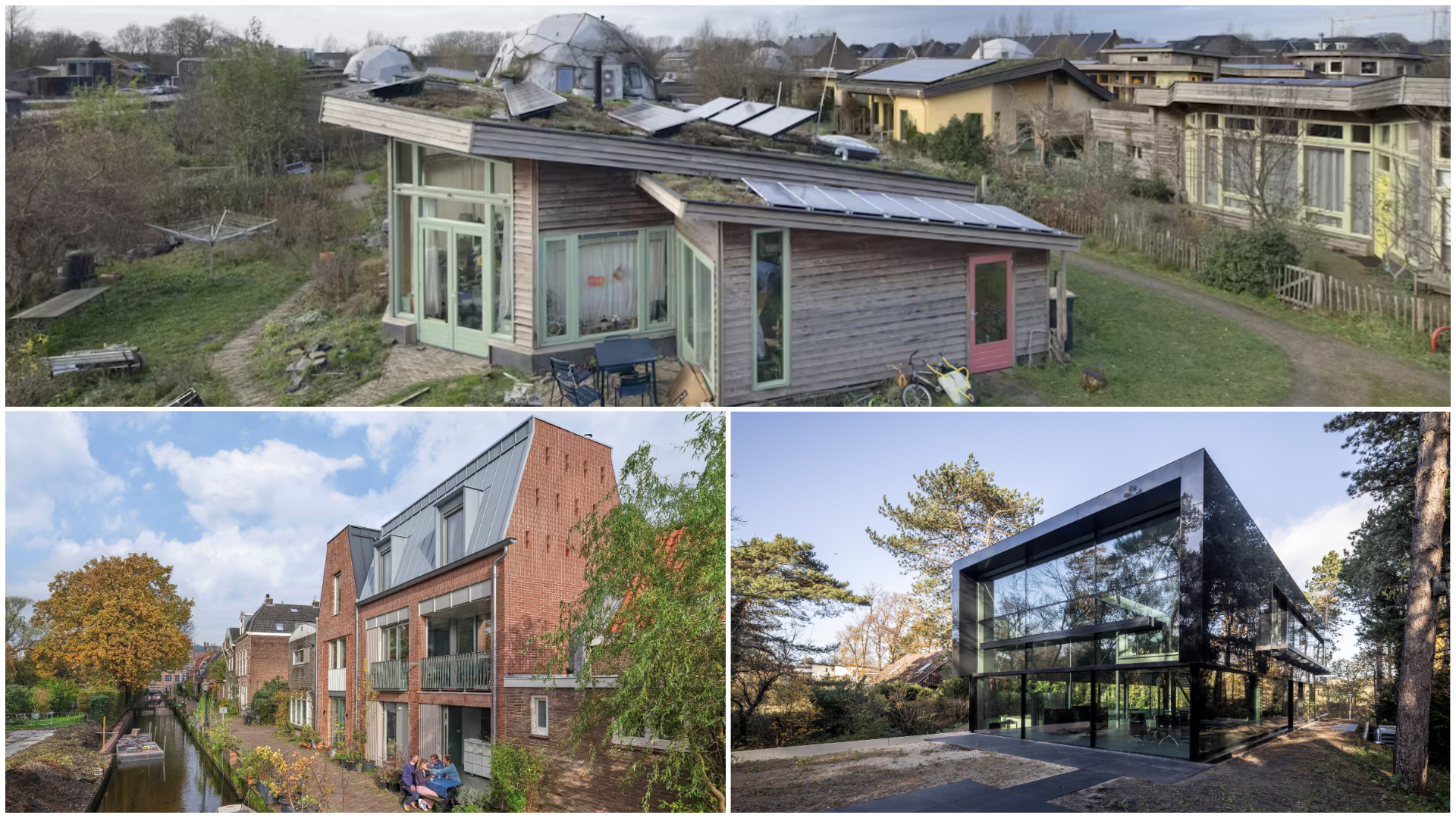 Boven: aardehuizen in Olst, beeld Frank Hanswijk. Onder: het eerste huis van  Ianthe Mantingh en Patrick Colly. Beeld Jeroen Musch en rechts de villa van Jan Pesman in Wasseaar. Beeld Lucas van der Wee
