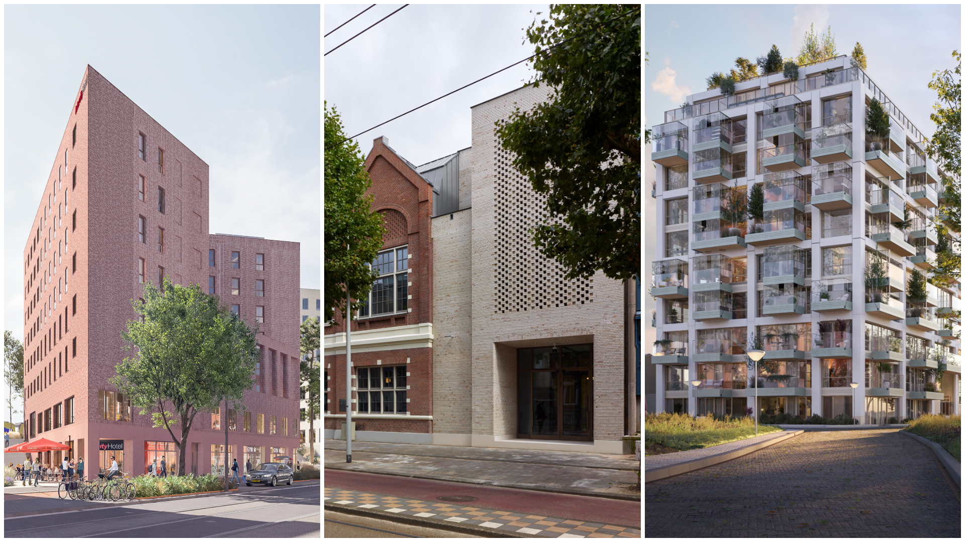 vlnr.: 5TRACKS door Shift en Powerhouse Company, het Nationaal Holocaustmuseum door Office Winhov en The Urban Woods door Urban Climate Architects