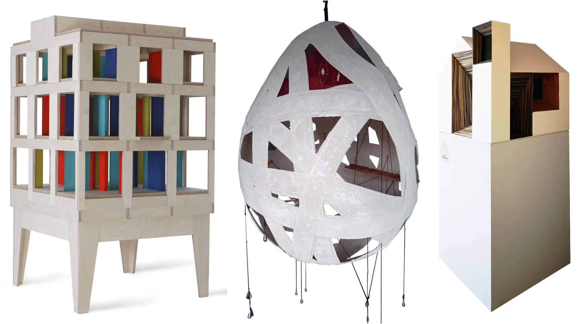 V.l.n.r. 'Een poppenhuis heeft geen trap' door Office Winhov, 'Ei', door Groep Sverre en 'Luisterhuis' door M3H. Beeld Dolls' House